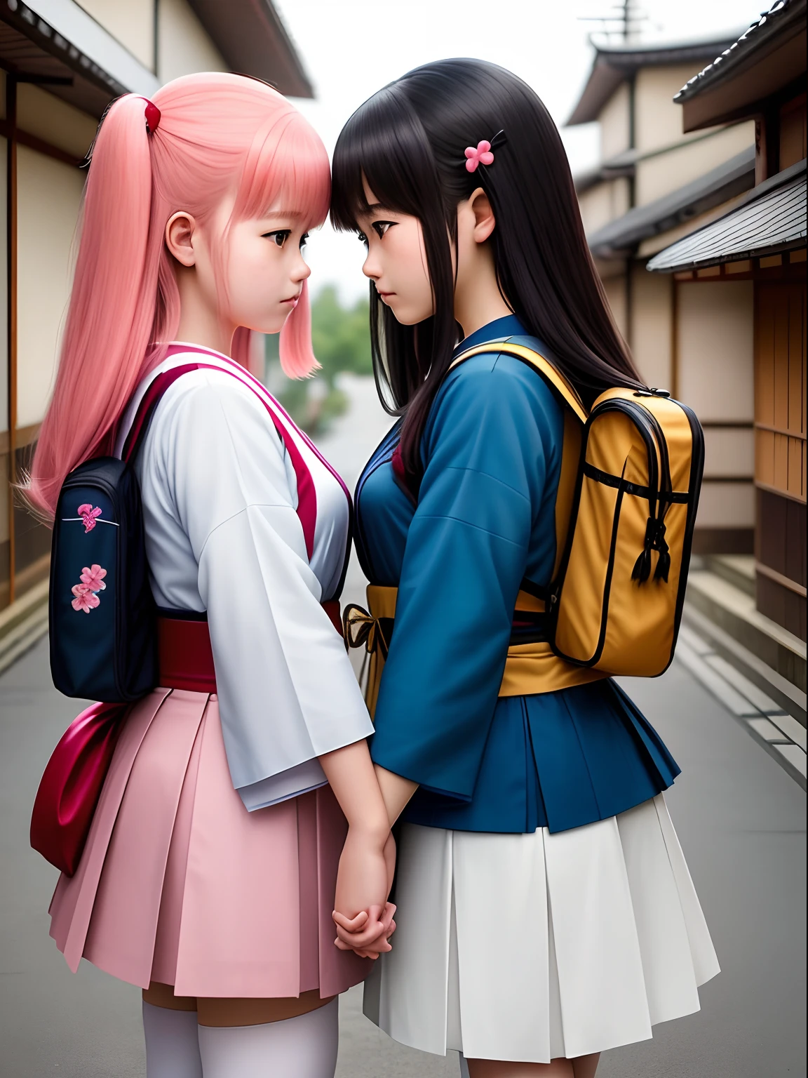 2girls, sisterhood,japanes,((Japanese high school girl)),Magical_girl, Two-tone hair, Live action,