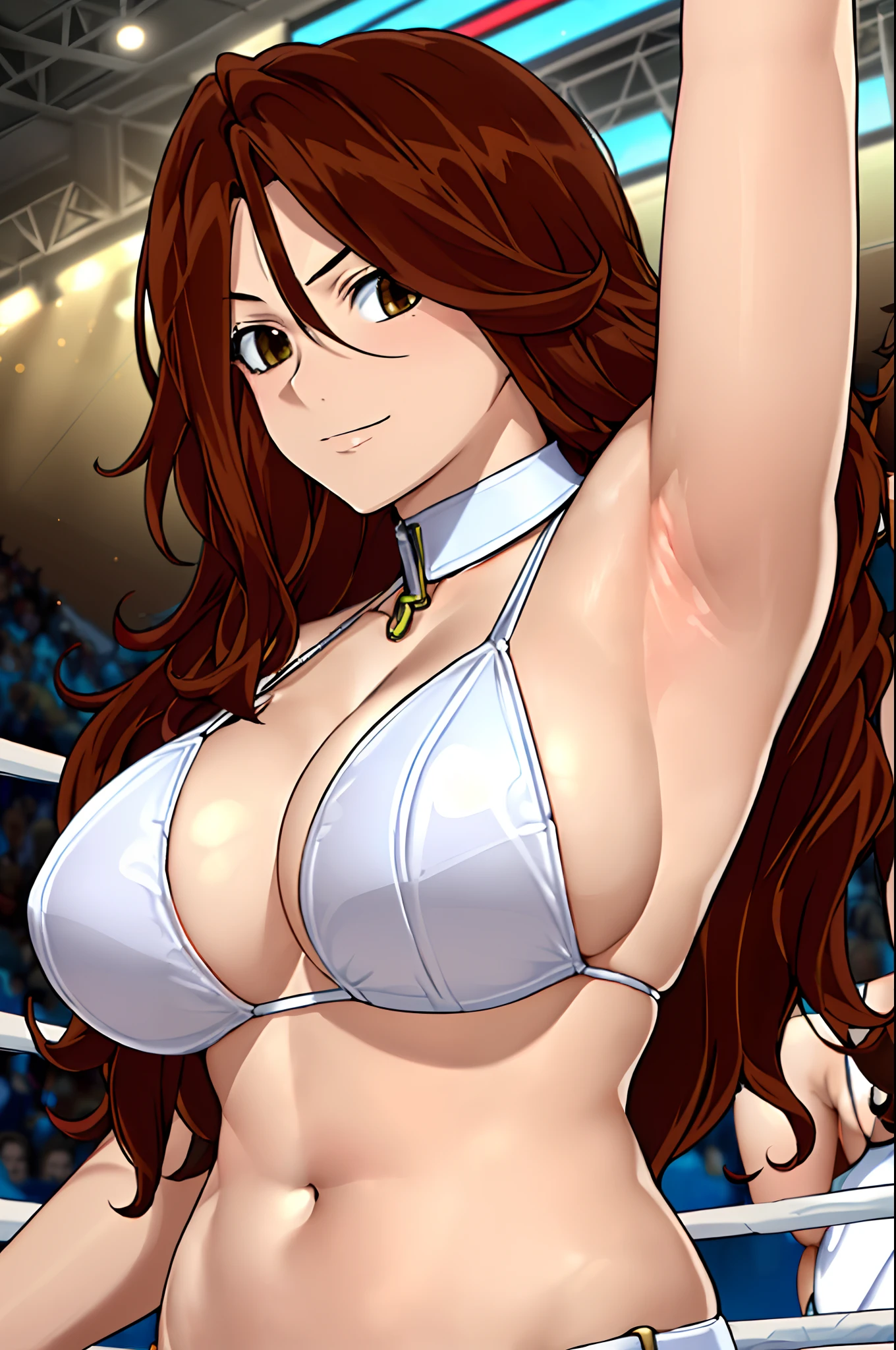 curvy belly, titration screen,, Elegant lady, (upper body only), anime style: 1.8, anime drawing, ultra detailed face, ultra detailed body, 4k, Sumergai Lee Noriega, (standing), best quality, anime style, hires, highest definition, digital blending, bold drawing lines, ((wwe diva), (location: wrestling arena, crowds watching), ( big shoulders, slim body, (wrestler body, thick arms, detailed biceps), , broad shoulders, closed fists, (very curvy: 2.8)), ((white bikini, only, white gloves, collar, (arm band, sleeves), (champion belt on bare belly))), loser, defeated, sad, (pale skin, big breasts, smile), (big eyes, brown eyes), (clapping), ( brown hair, loose hair, curly hair, wavy hair, long hair, missy hair, shiny hair), 27 years old,