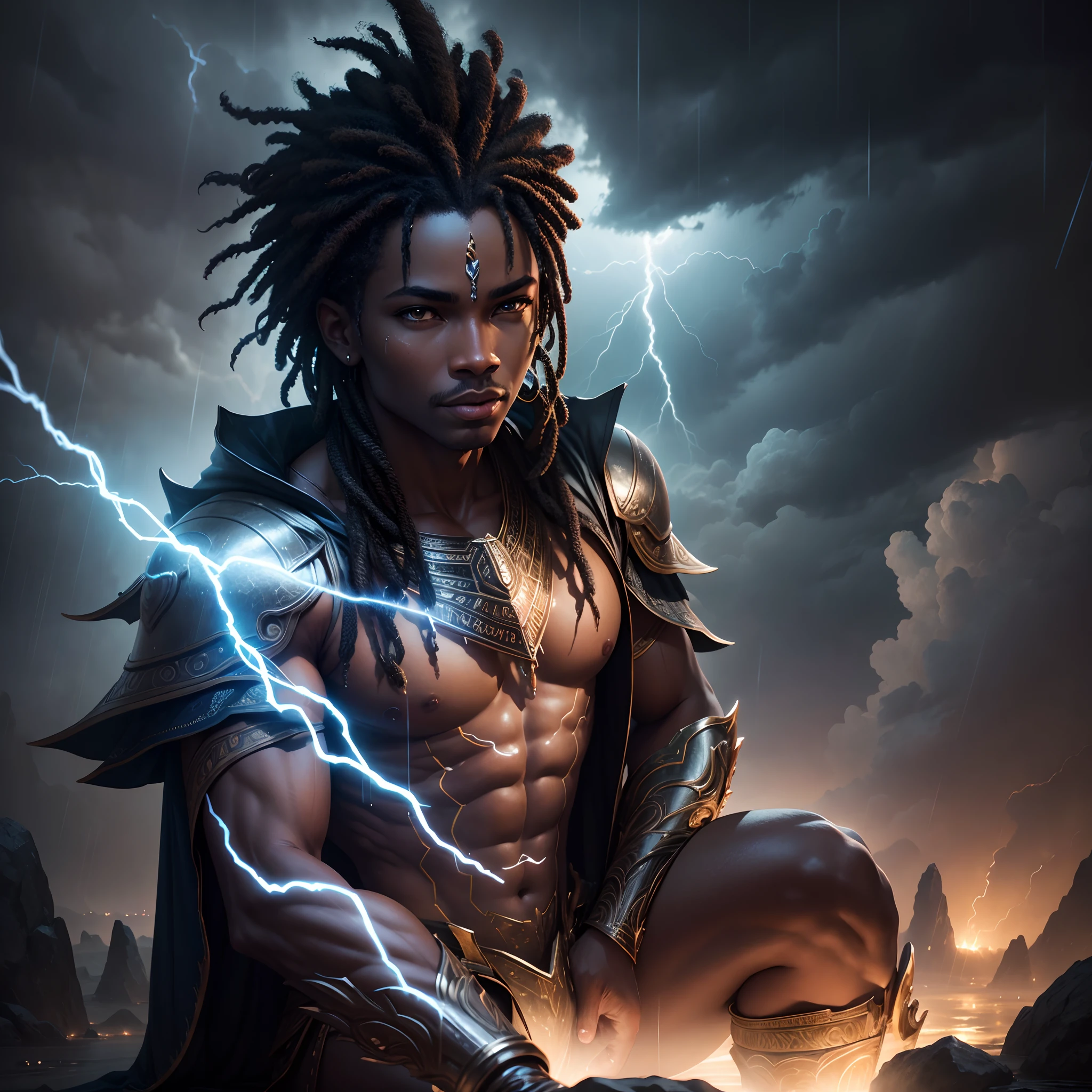 African god of rain sitting in the rainy dark clouds, lightning striking in the background, night time soft light piercing through the clouds, cinematic scene, cinematic lighting, 32k, ultra HD, unreal engine rendered, artgerm style, highly-realistic image,