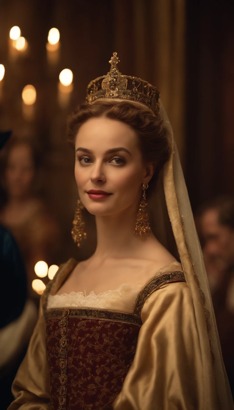 a depiction of Isabella of Valois, the sixteenth-century courtesan, with its beauty and charm that won over King Henry II of France. Create an image that captures the atmosphere of the European court of the time and the relationship between Isabella and the king.