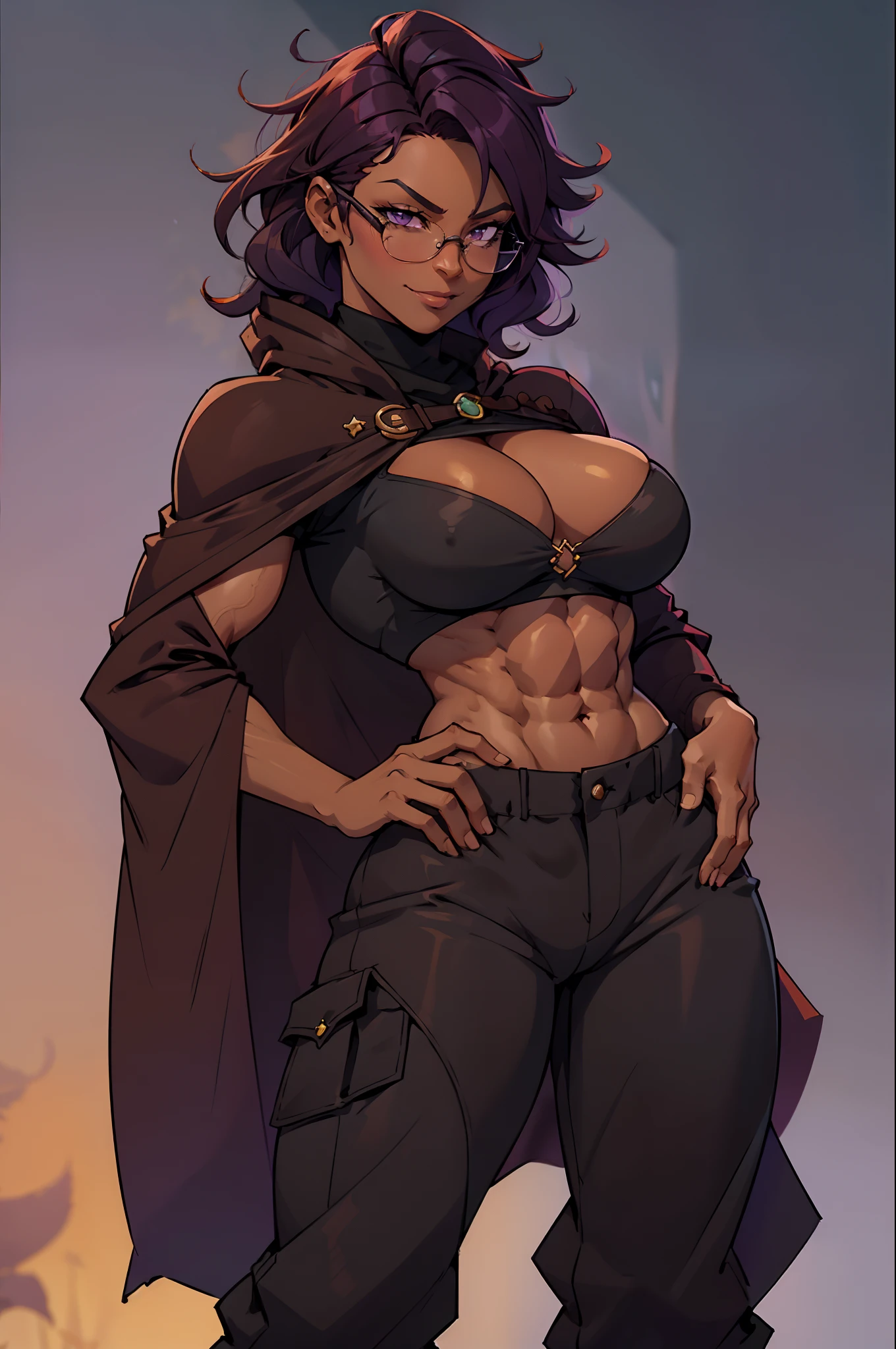 Solo, female, black turtleneck tunic, fantasy outfit, forest, short plum colored hair, wavy hair, messy hair, (dark tan skin), glasses, (cropped chocolate cloak), athletic, slightmuscle, slightly muscular, ((baggy pants)), smirking slightly, purple eyes, cleavage, abs, cat tail, cat ears