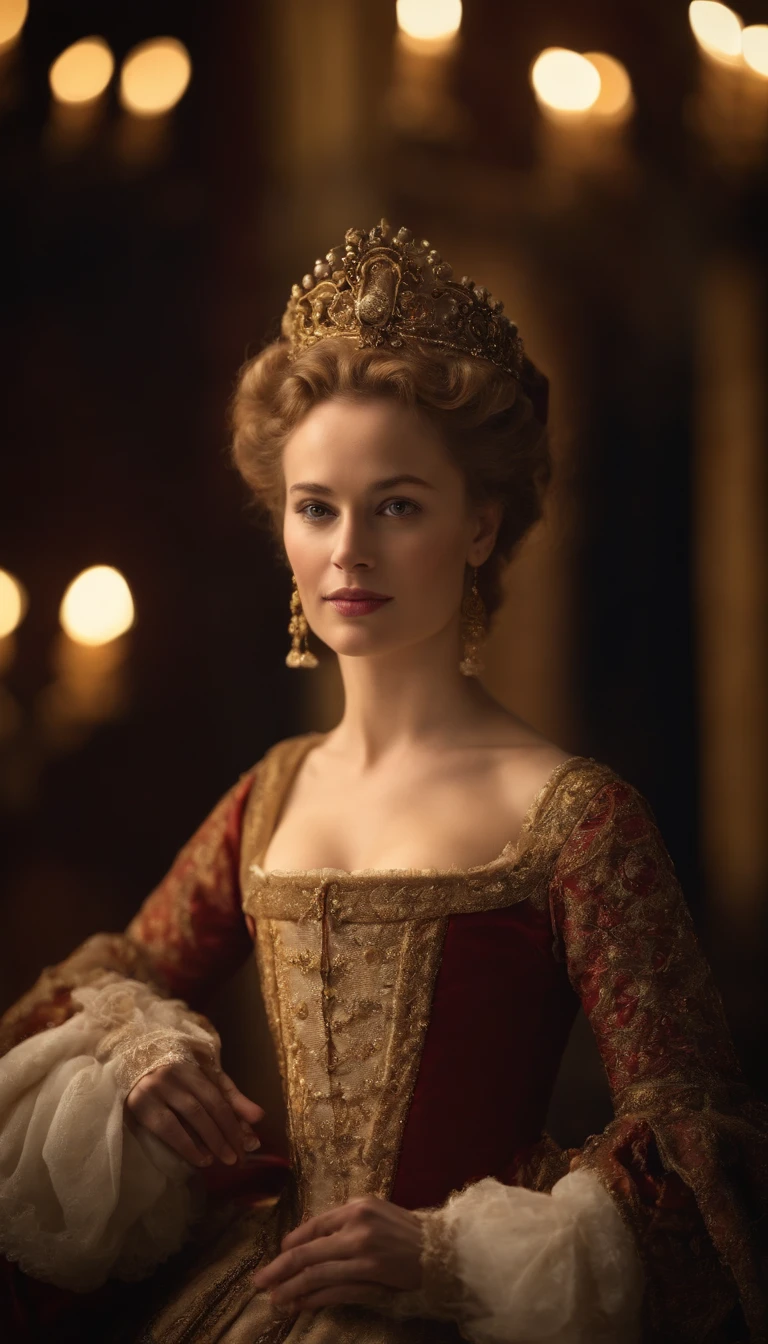 a depiction of Elisabeth of Valois, The sixteenth-century courtesan, with its beauty and charm that won over King Henry II of France. Create an image that captures the atmosphere of the European court of the time and the relationship between Isabel and the king.