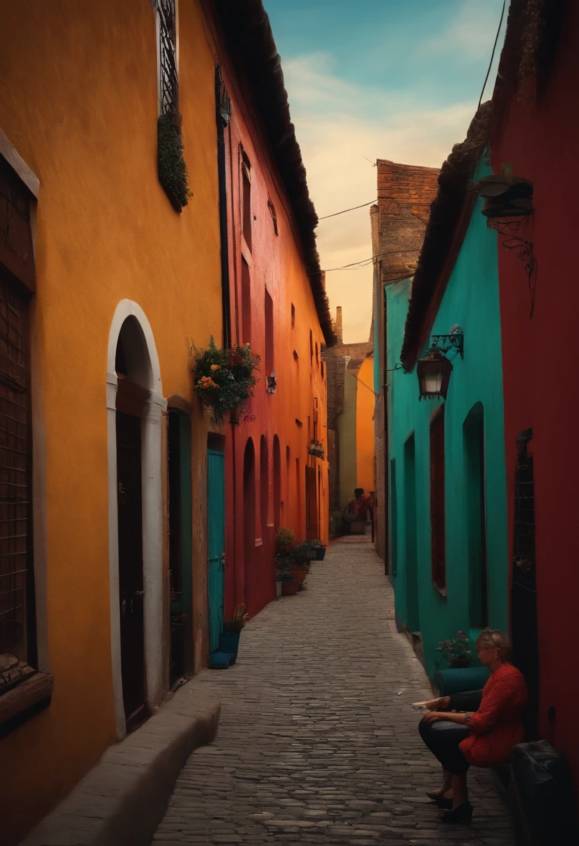 An alley with several houses and brunette people playing dominoes