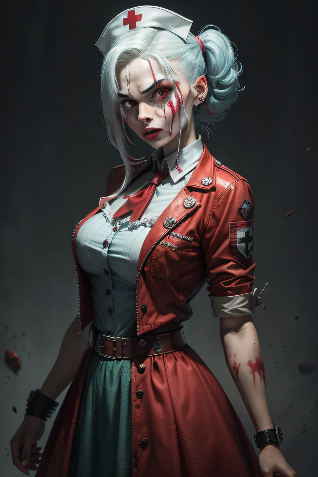 "Personagem da Arlequina do filme Zombie clasic Nurse Suicide Squad" roupa branca. ((muito sangue ao redor do corredor