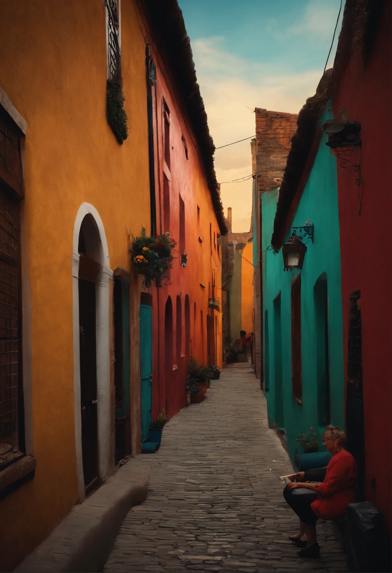 An alley with several houses and brunette people playing dominoes