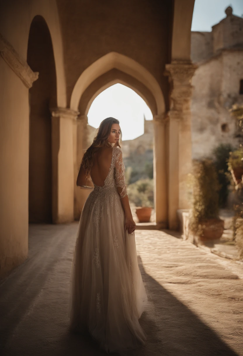 Photo de jortega dans une toge romaine blanche semi transparente pour femme, seulement, yeux marrons, brune aux cheveux, gros seins, facing camera, Open exterior hallway with stone walls and floors, Ambiance chaleureuse, Photographier, photo shoot, Captured by Panavision Panaflex Platinum Camera with Panavision Primo Primes 75mm T1 spherical lens.9