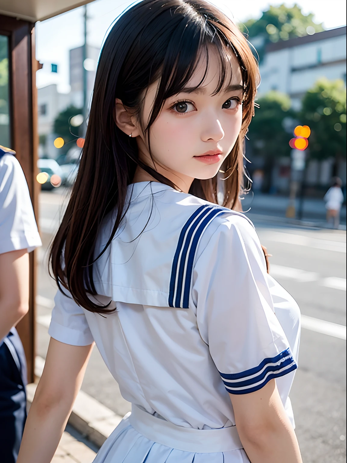 (Tabletop, highest quality:1.2), 8k, Official Art, RAW Photos, Full Board Bill 4、Cute ass、Two cute girls、skinny、14 years、、unbelievably ridiculous, (Upper Body, uniform、Sailor suit:1.4), beautiful girl, Pretty face, lean back,、Gold ornament in hair、close, Sailor suit, Short sleeve, Violet, , street, View your viewers, Film Grain, chromatic aberration, Sharp focus, Face Light, Dynamic Lighting, Cinema Lighting, Eyes and facial details, Bokeh Background,