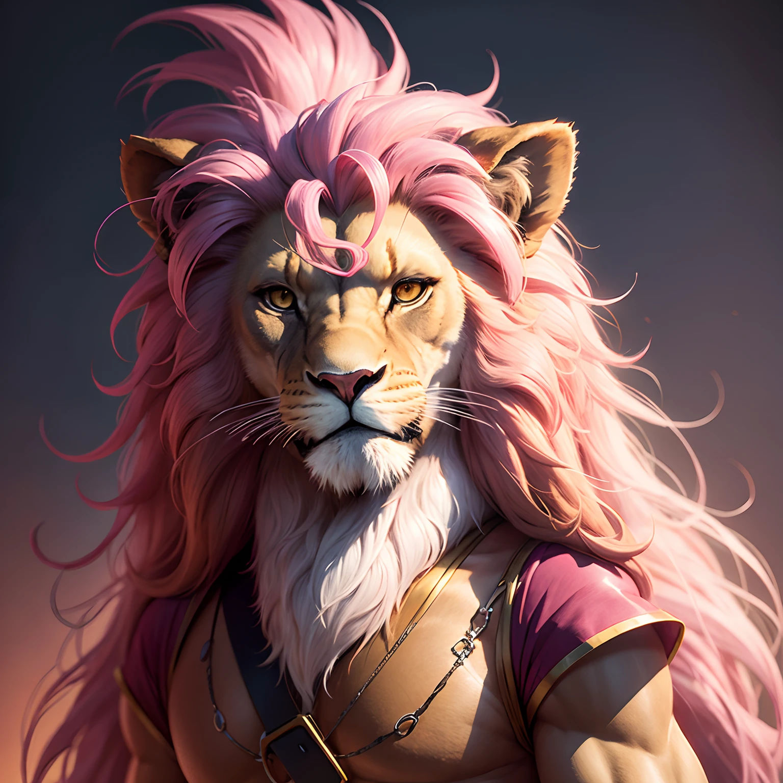 A anthropomorphic lion with a pink mane