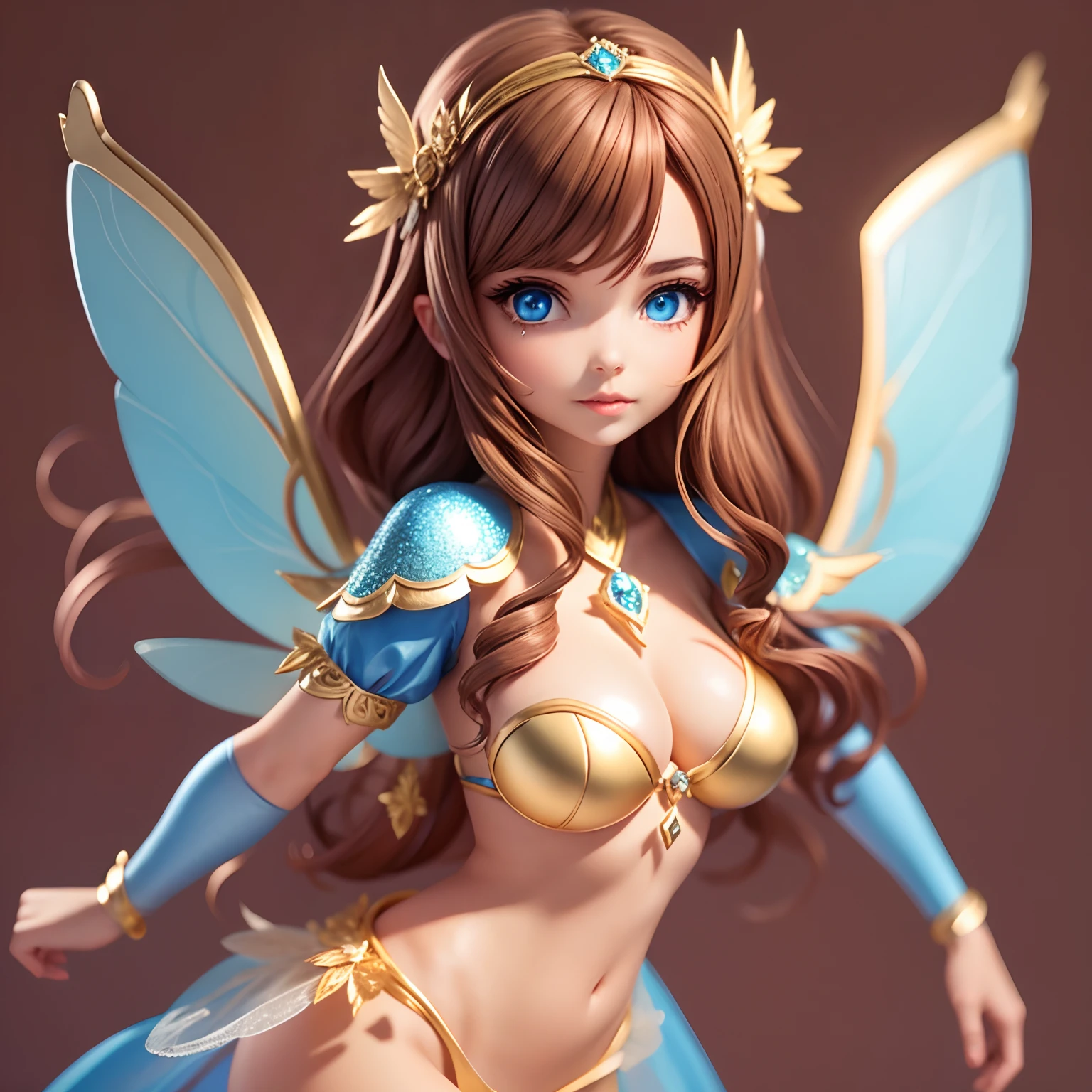 Fairy woman, sparkling wings, light skin, blue eyes, Brazilian, brown hair