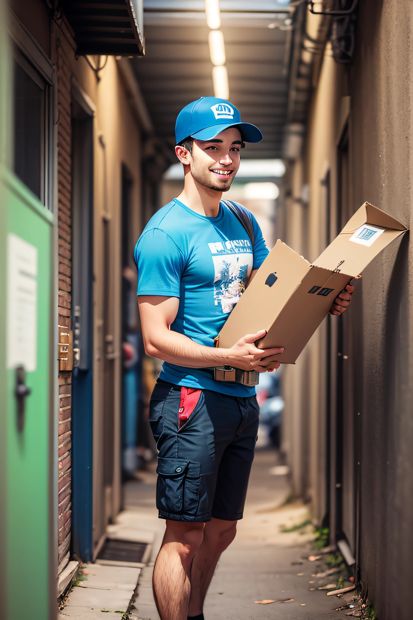 An honest young man, real look, smiling, T-shirt blue color, Start working in door to door cargo delivery, Background city, wearing cap, There are working actions, Standing with box, k hd