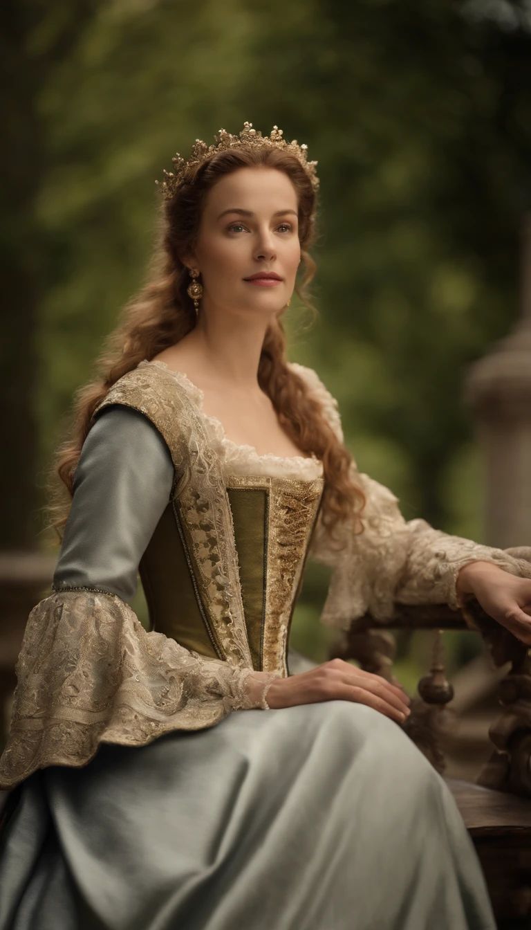 a depiction of Elisabeth of Valois, The sixteenth-century courtesan, with its beauty and charm that won over King Henry II of France. Create an image that captures the atmosphere of the European court of the time and the relationship between Isabel and the king. ela usa vestido decotado.