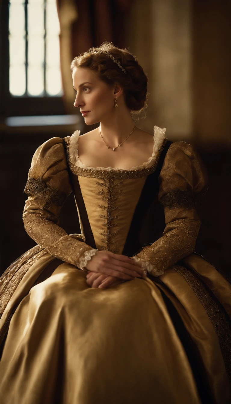 a depiction of Elisabeth of Valois, The sixteenth-century courtesan, with its beauty and charm that won over King Henry II of France. Create an image that captures the atmosphere of the European court of the time and the relationship between Isabel and the king. ela usa vestido decotado.