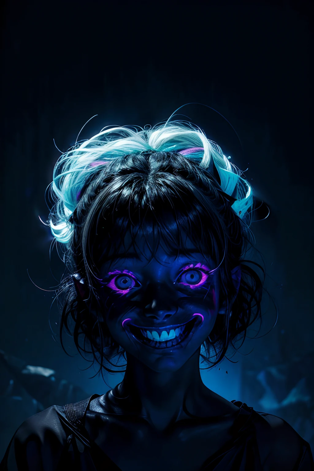 Image of an ethereal demon in the dark, sin rostro discernible, with a neon smile that glows in the void. La sonrisa emite destellos de colores intensos en medio de la negrura, creating a disturbing and surreal atmosphere.