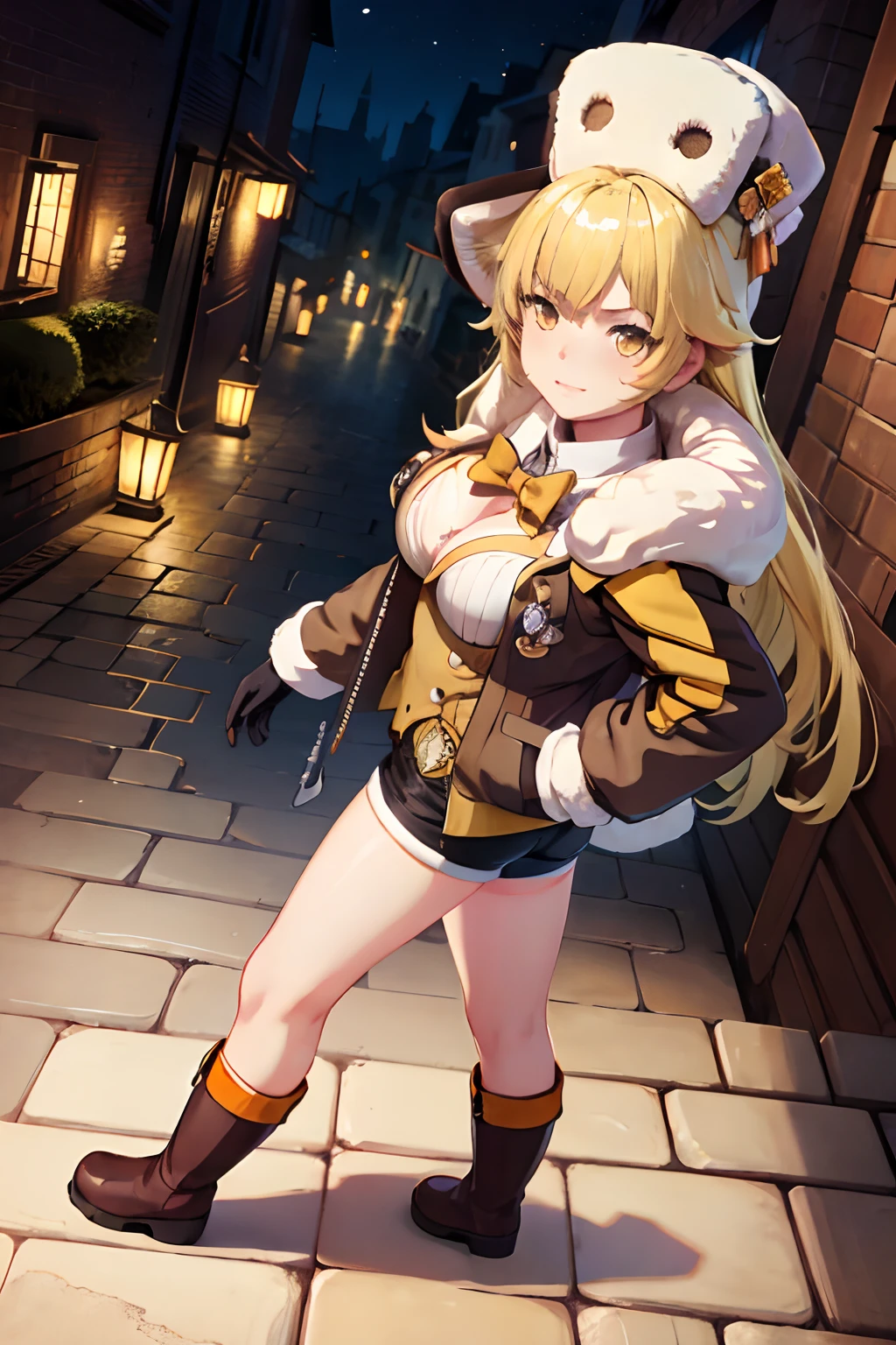 masterpiece, best quality, ((hook)), blonde hair, (yellow hair), gloves, yellow eyes, boots, 1girl, (fur trim), (jacket), bangs, bow, (fur hat), (shorts), looking at viewer, long hair, walking, solo focus, brown gloves, brown footwear, open clothes, long sleeves, full body, bowtie, tight shirt, (open jacket), (brown shorts), (brown jacket), (adult body), divine proportions, accurate proportions, large breasts, (sexy), (long sexy legs), slim build, tall, arched back, leg strap, angry, tsundere, dark alley, night, (cobblestone streets), soft orange lighting, dynamic perspective, night life, (8k), (best quality), (masterpiece: 1.2), (realistic), (photorealistic: 1.37), ultra detailed, one girl, viewer watching, full body, 28 years old, high quality anime face, pretty face, attractive face, hime pose,.