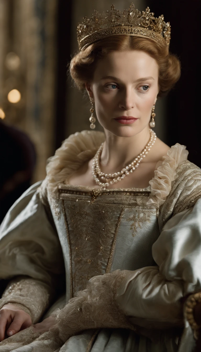Develop a visual scene that depicts the rivalry between Isabella of Valois and the Queen Mother, Catherine de' Medici, at the court of the sixteenth century. Explore the emotions, intrigues and conspiracies involving Isabella after the death of Henry II.