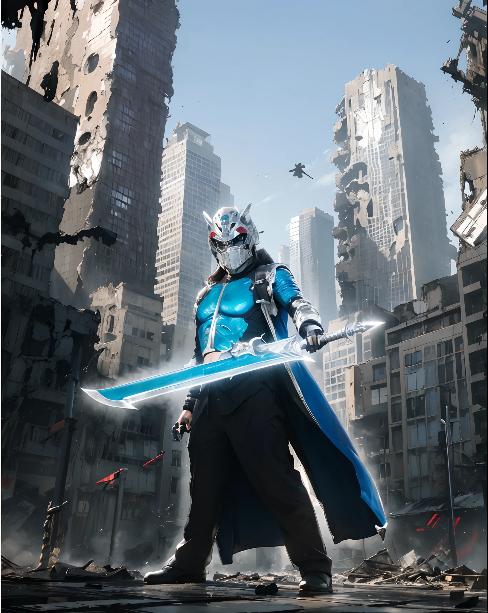 ((Kamenraider)),((realistic, photorealistic)),(Steel mask )), Light reflection, (( mask light)), navel, detached sleeves,((upper body)), (((best quality, masterpiece))), Looking for viewers, outdoor,Buildings destroyed light of fire ,sword light,