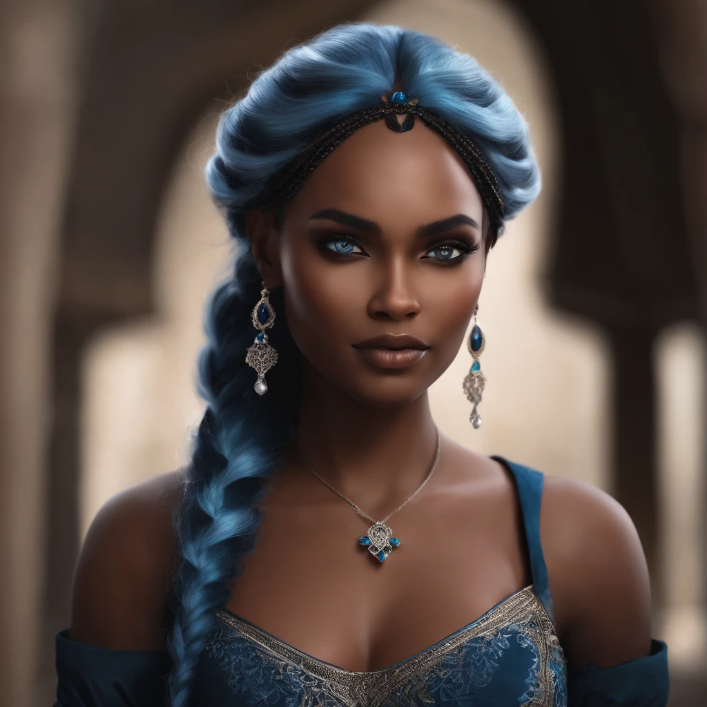 create a woman character, with Brown skin , blue hair With small braids and gray eyes, the character must have ice magic and an arrogant expression on her face, The image must have dark tones and the character must look like something from a fantasy book, The character reminds Jude of the cruel prince