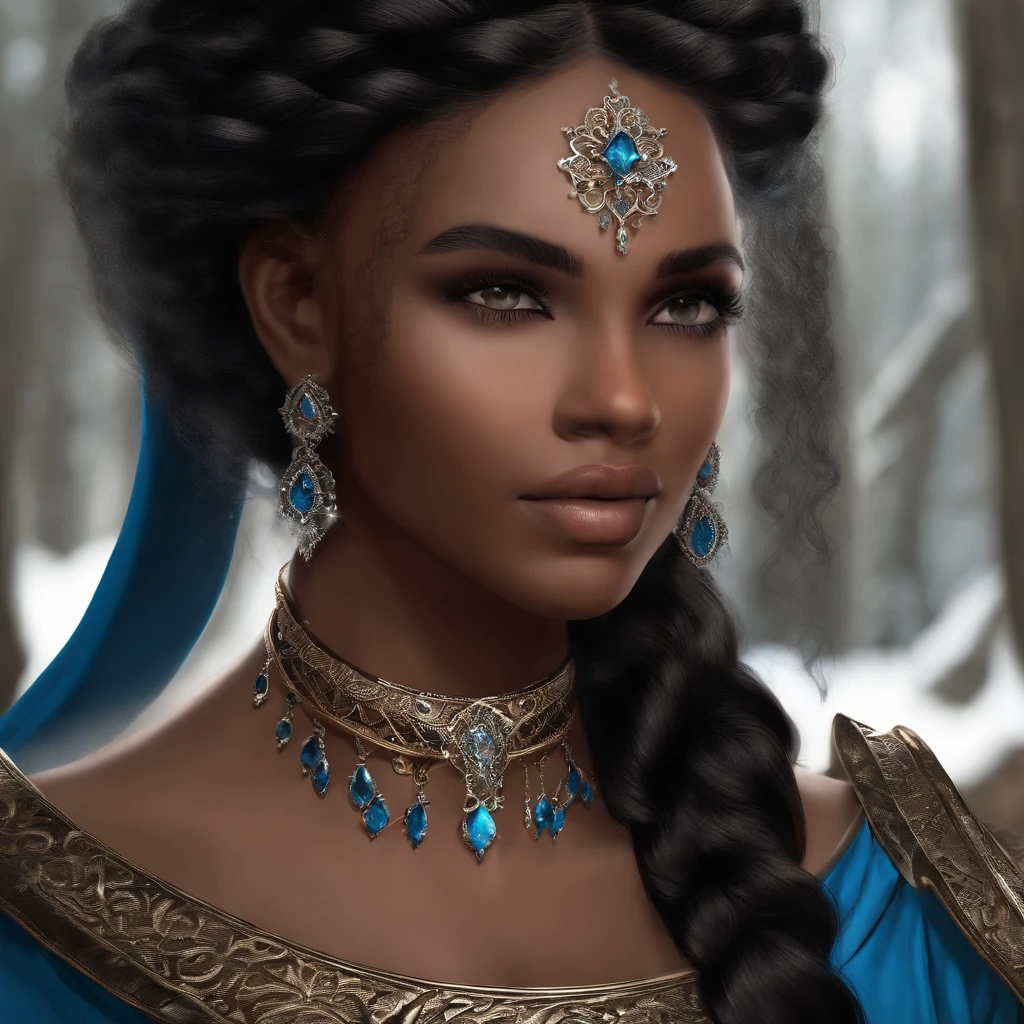 create a woman character, with Brown skin , blue hair With small braids and gray eyes, the character must have ice magic and an arrogant expression on her face, The image must have dark tones and the character must look like something from a fantasy book, The character reminds Jude of the cruel prince