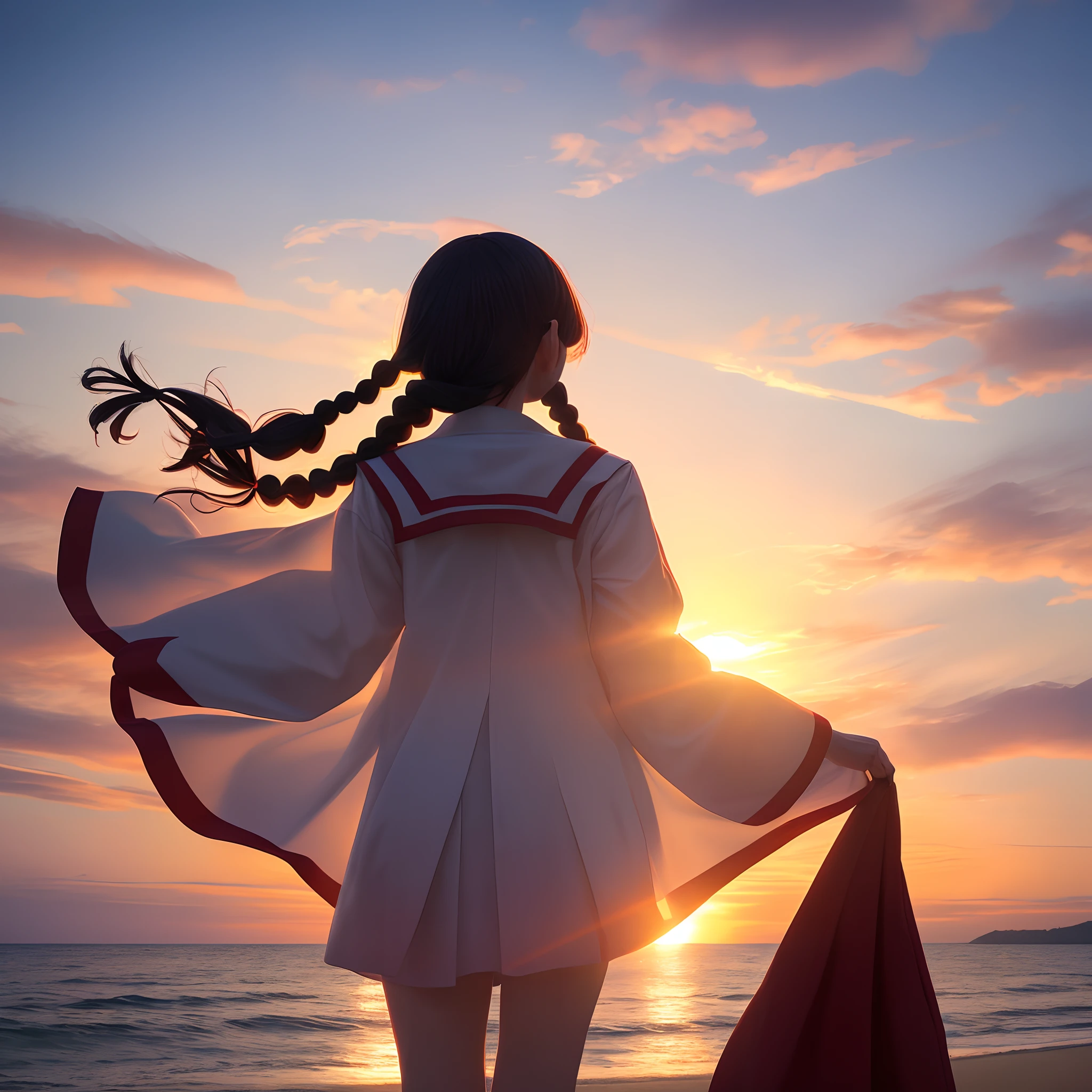 1girl in, Solo,Smile, Beach,(Sunset:1.1),  akagi_Rin(Denchi Project), Solo,  Star hair ornament, Twin braids,spark of light, from behind, Looking back, Huge sunset,Red Floating, uniform, Night, Waving, Sea