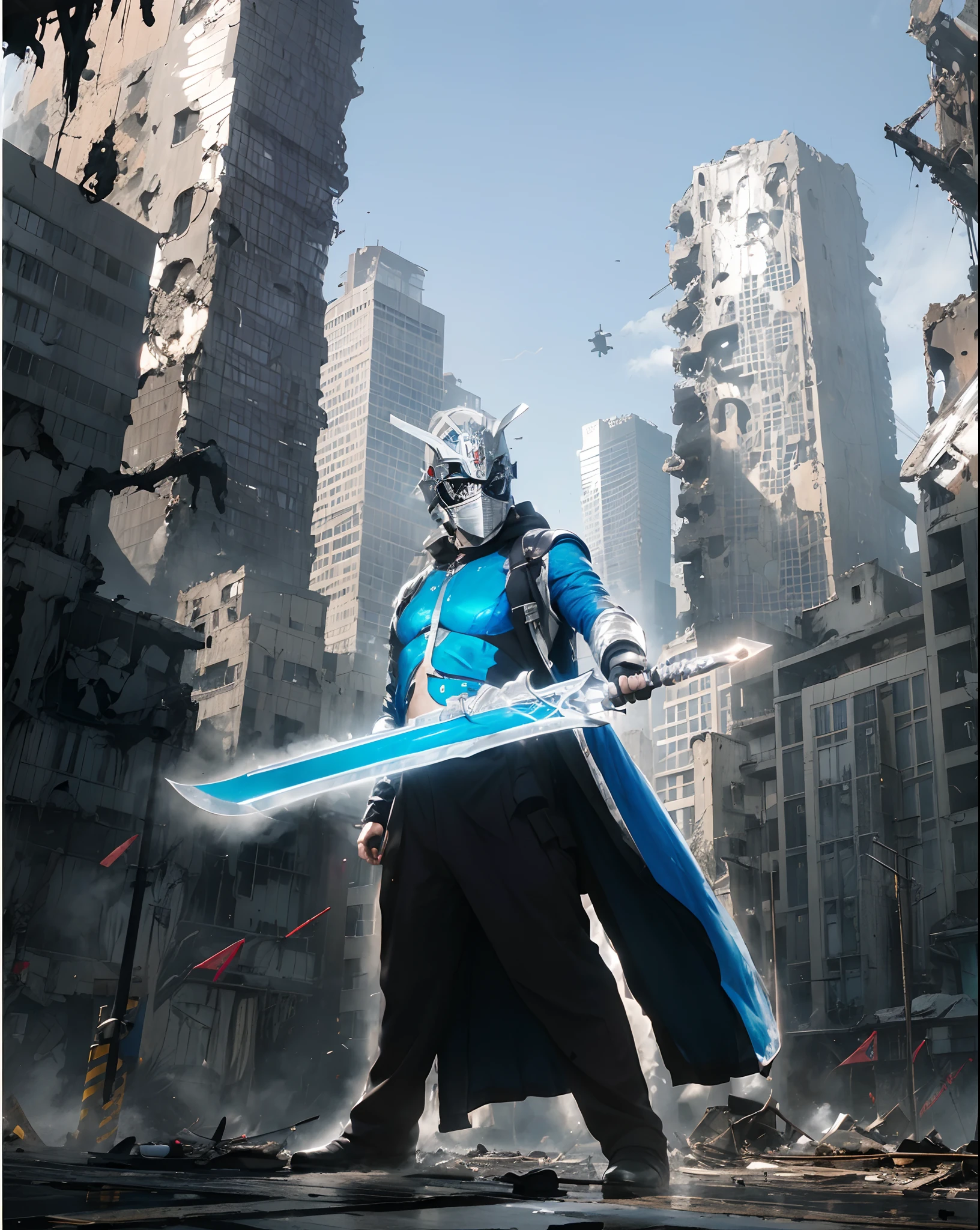 ((Kamenraider)),((realistic, photorealistic)),(Steel mask )), Light reflection, (( mask light)), navel, detached sleeves,((upper body)), (((best quality, masterpiece))), Looking for viewers, outdoor,Buildings destroyed light of fire ,sword light,