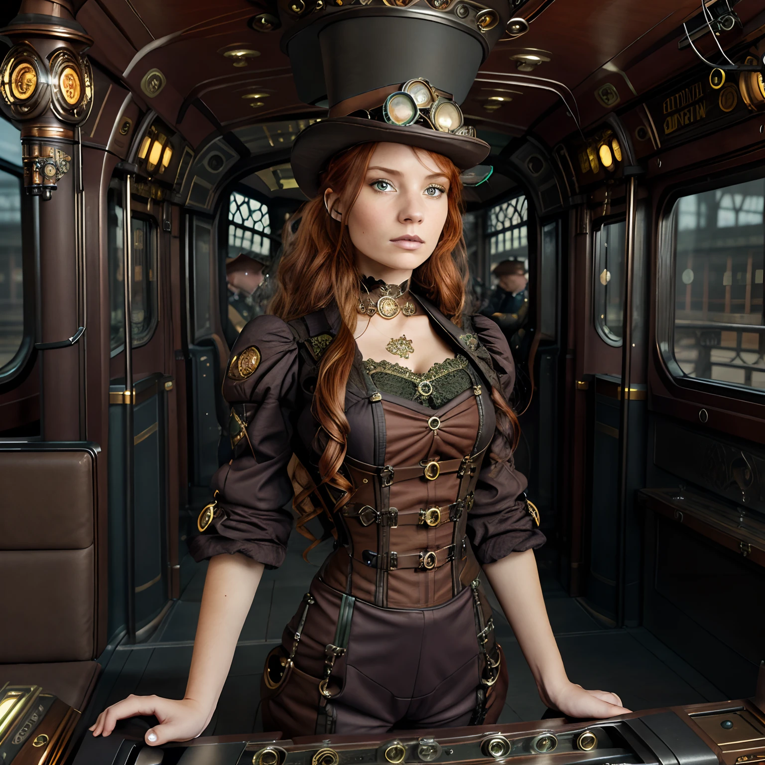 Locomotive triple D, Masterpiece, absurdres, award winning photo, extremely detailed, amazing, fine detail, extremely detailed eyes and face, by lee jeffries nikon d850, film stock photograph, 4 kodak portra 400 camera, f1.6 lens, rich colors, hyper realistic lifelike texture, dramatic lighting, unrealengine trending on artstation cinestill 800 tungsten, beautiful rud woman, a woman with long ginger hair and (dark brown eyes), perfect rud face, perfect rud body, hyper photorealism, very high contrast photograph, street photography, cinematic lighting, dramatic lighting, (a 30 yo girl, (Ana de Armas:0.50), (redhead:1.1)), very cute, (perfect eyes:1.1), photorealistic wavy hair, Dar colored Roses, steampunk jumpsuit, intercom headset, steampunk choker, long leather boots, perfect detailed face, detailed symmetric brown eyes with circular iris, on Victorian train station asking for tickets, intricate, hdr, intricate details, detailed, cinematic, cogs and gears, steamy background with lots of steam pipes and steam valves and pressure gauges and gears, realistic, stunning realistic photograph, 3d render, octane render, cinematic, Isometric, Centered, hyperealistic cover photo, awesome full color, 12k, high definition, portrait featured on unsplash, smooth, ultra high definition, 8k, ultra sharp focus, intricate artwork, masterpiece, ominous, epic, highly detailed, warm cinematic, a woman in a light green uniform on Victorian train station checking tickets , woman in steampunk clothes, in a steampunk laboratory, steampunk inventor girl, in a steampunk world, woman in a dark factory, steampunk fantasy style, steampunk , steampunk aesthetic, (words on a sign saying All Aboard)