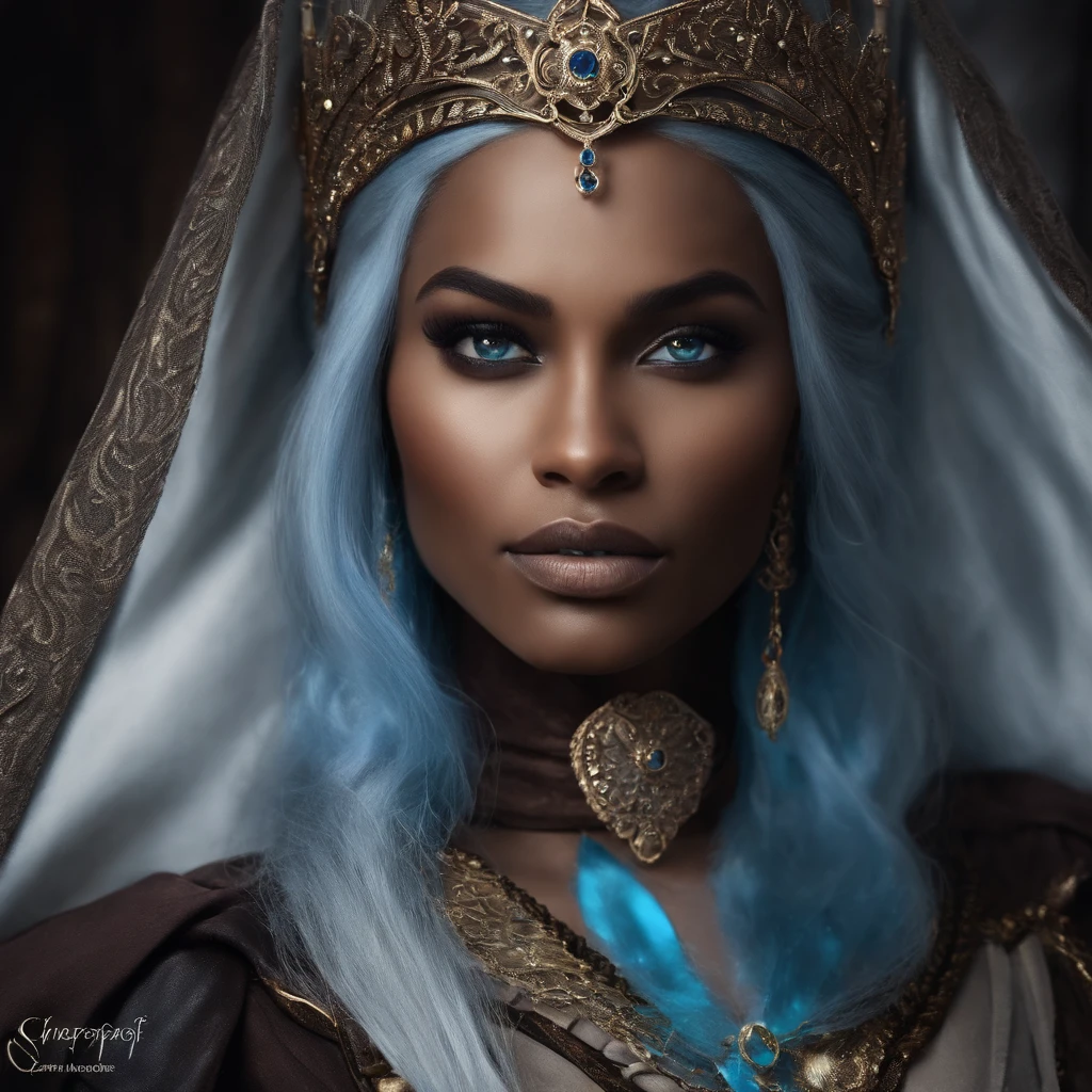 create a woman character, with Brown skin , blue hair and gray eyes, the character must have ice magic and an arrogant expression on her face, The image must have dark tones and the character must look like something from a fantasy book, The character reminds Jude of the cruel prince