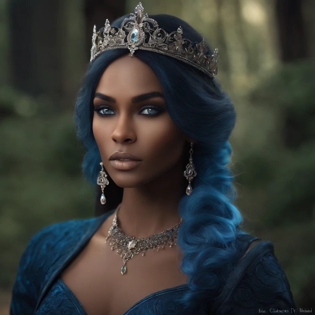 create a woman character, with Brown skin , blue hair and gray eyes, the character must have ice magic and an arrogant expression on her face, The image must have dark tones and the character must look like something from a fantasy book, The character reminds Jude of the cruel prince