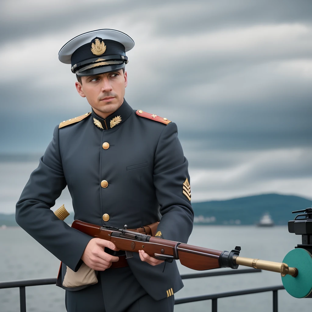 Homem fardado segurando uma arma em um barco, by Hristofor Žefarović, xix century military outfit, fotografia militar, Sergey Zabelin, Directed by: Alexander Fedosav, foto de retrato, Directed by: Andrew Wroblewski, Directed by: Alexander Kucharsky, filme ainda 8K, Directed by: Stefan Luchian