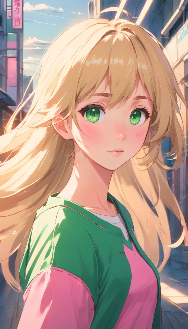 A cute, blonde haired girl, long hair, green eyes, pink outfit, freckles on her cheeks, anime art style