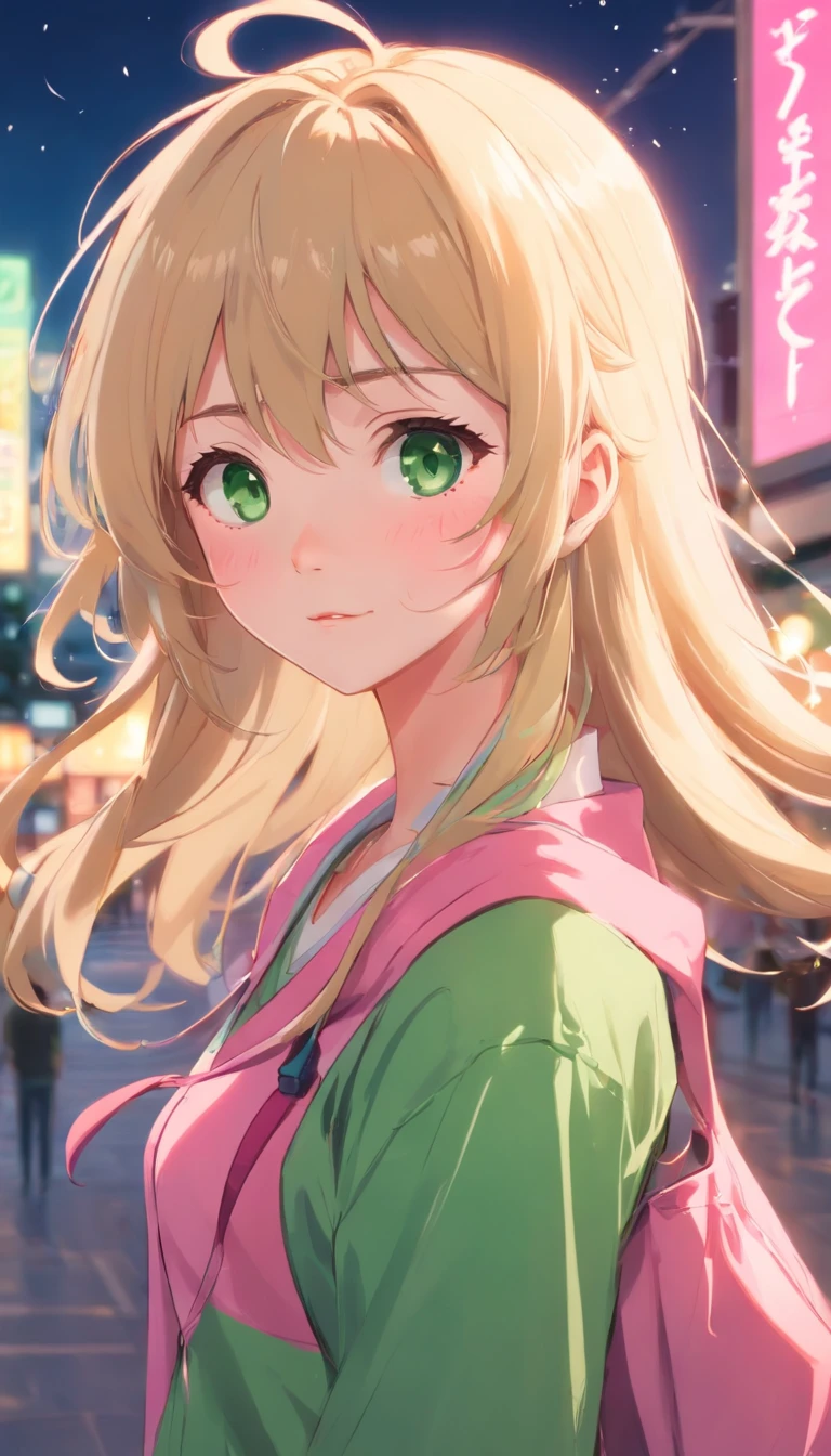 A cute, blonde haired girl, long hair, green eyes, pink outfit, freckles on her cheeks, anime art style