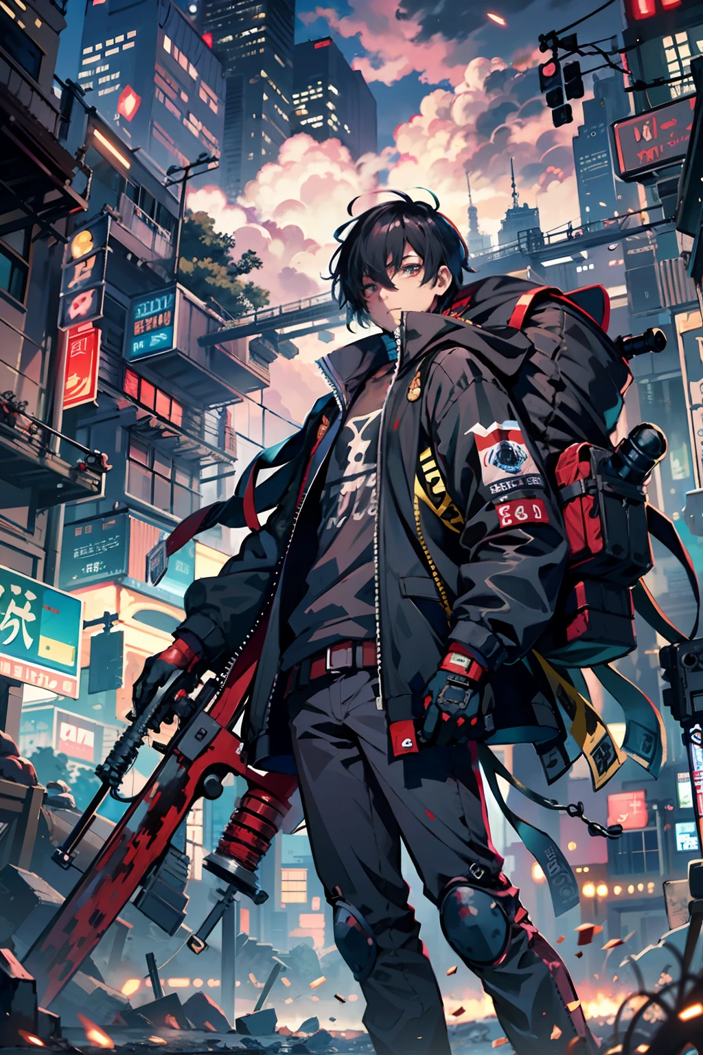 1boy,、Cyberpunk Boy、Black attire、katanas,machine gun、Spiky hairstyle、Whole body bloody、The beginning of the adventure、Lots of clouds,heavy fog、Chaotic city of the future、ruined and devastated city、dystopian、A very complex group of buildings stands in the center、Highly complex Chinese buildings、Pretty dim lighting、Dark road、puddles、Chaotic landscape、Beautiful and fantastic scenery、Cinematic scenery、hightquality、masutepiece,8K、hight resolution、ultra-detailliert,