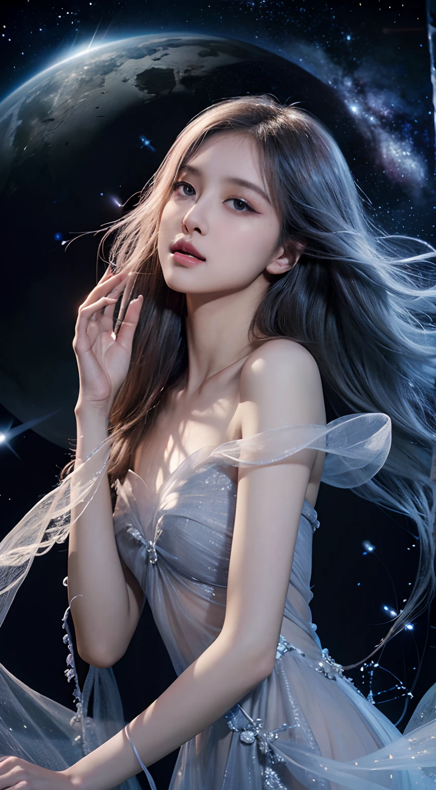 (best quality,4k,8k,highres,masterpiece:1.2),ultra-detailed,realistic:1.37,girl,beautiful dress,galaxy background,sparkling stars,ethereal atmosphere,vibrant colors,elegance,mystical,celestial,moonlight,reflection,flowing fabric,graceful pose,gentle expression,cosmic energy,distant galaxies,dazzling beauty,serene,stellar glow,celestial emissary,alluring,hovering,stellar dust,enchanted garden,starlit night,sheer elegance,astral silhouette,seamless blend,gossamer veil,interstellar journey,effortless beauty,luminous radiance,floating petals,celestial goddess,dreamlike grace,fashion statement,cosmic enchantress,long flowing hair