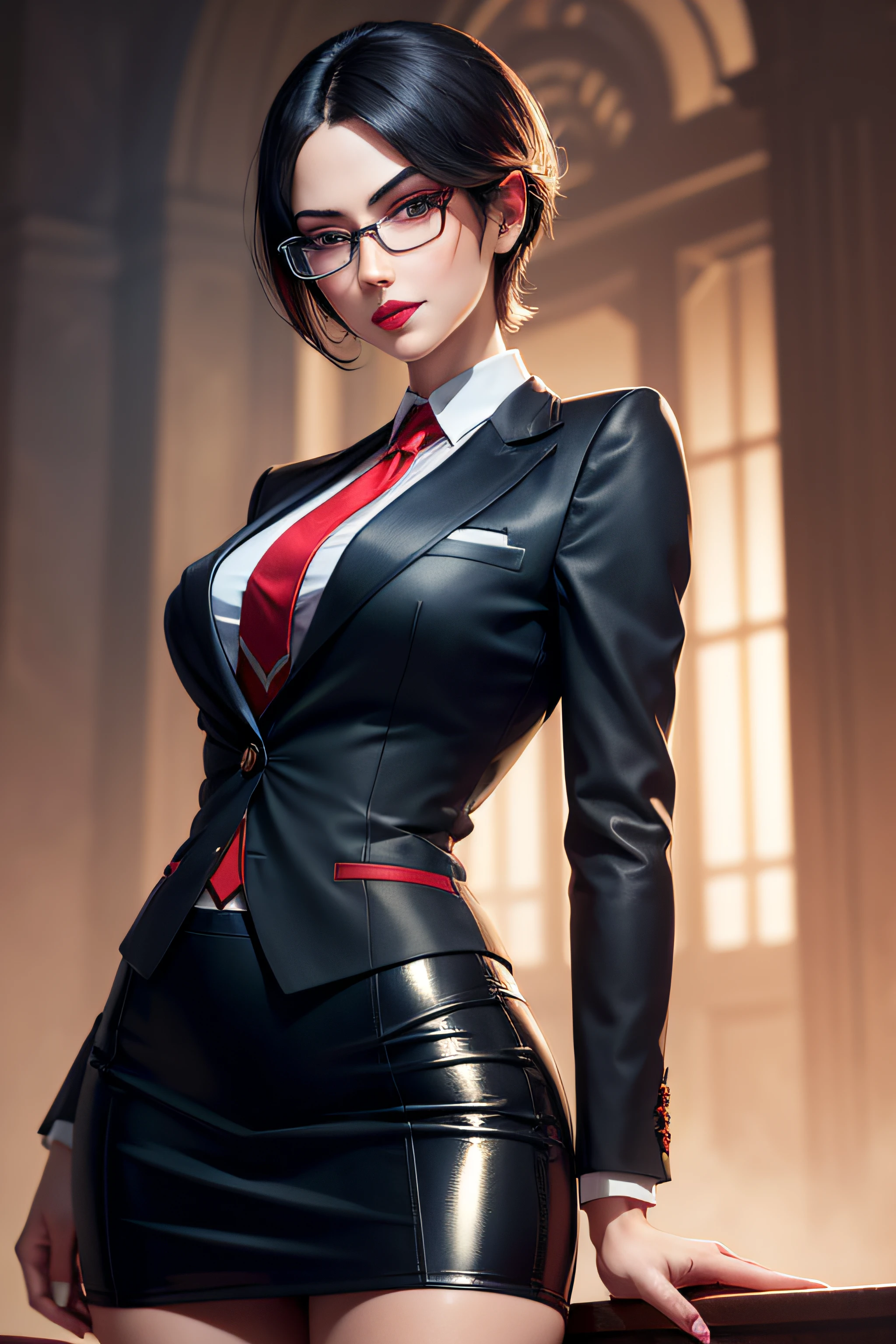 1 woman, ada wong, skirt suit, (((three-piece suit))), necktie, blazer, ((suit jacket)), ((waistcoat)), double-breasted waistcoat, bodycon miniskirt, pencil skirt, tie clip, pocket square, pocket watch, pantyhose, high heels, glasses, makeup, lipstick