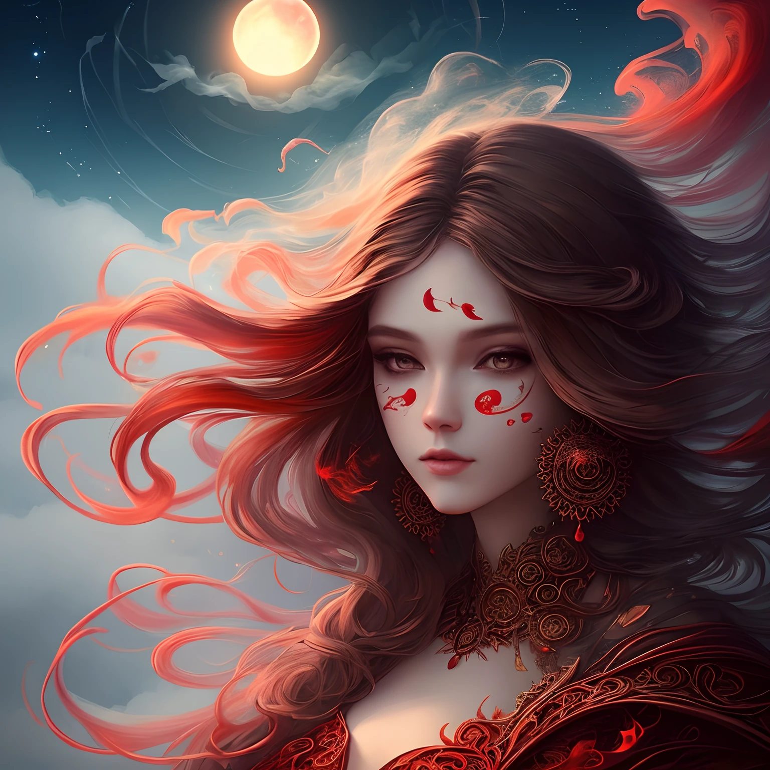 Fear of the sun and moon, Instagram, pinterest, Art Station, AI Art, Digital Paint, Smoke, myst, steams, Wind, swirls, Red, the chaos, Intricate details, intricate designs, Beautiful pose, Beautiful woman