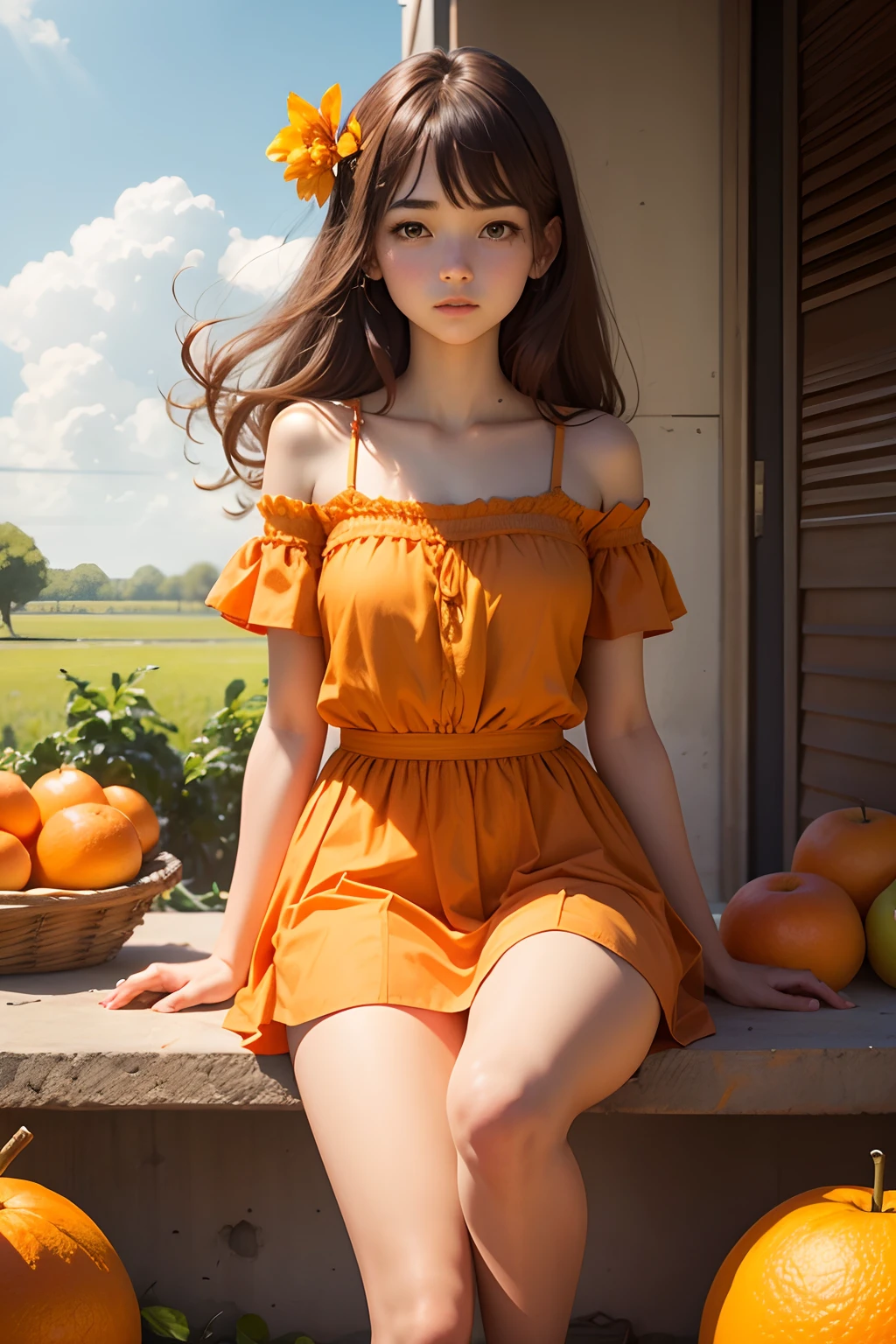 quadratic element,The orange,s girl,the fruits,personification,The background is an orchard