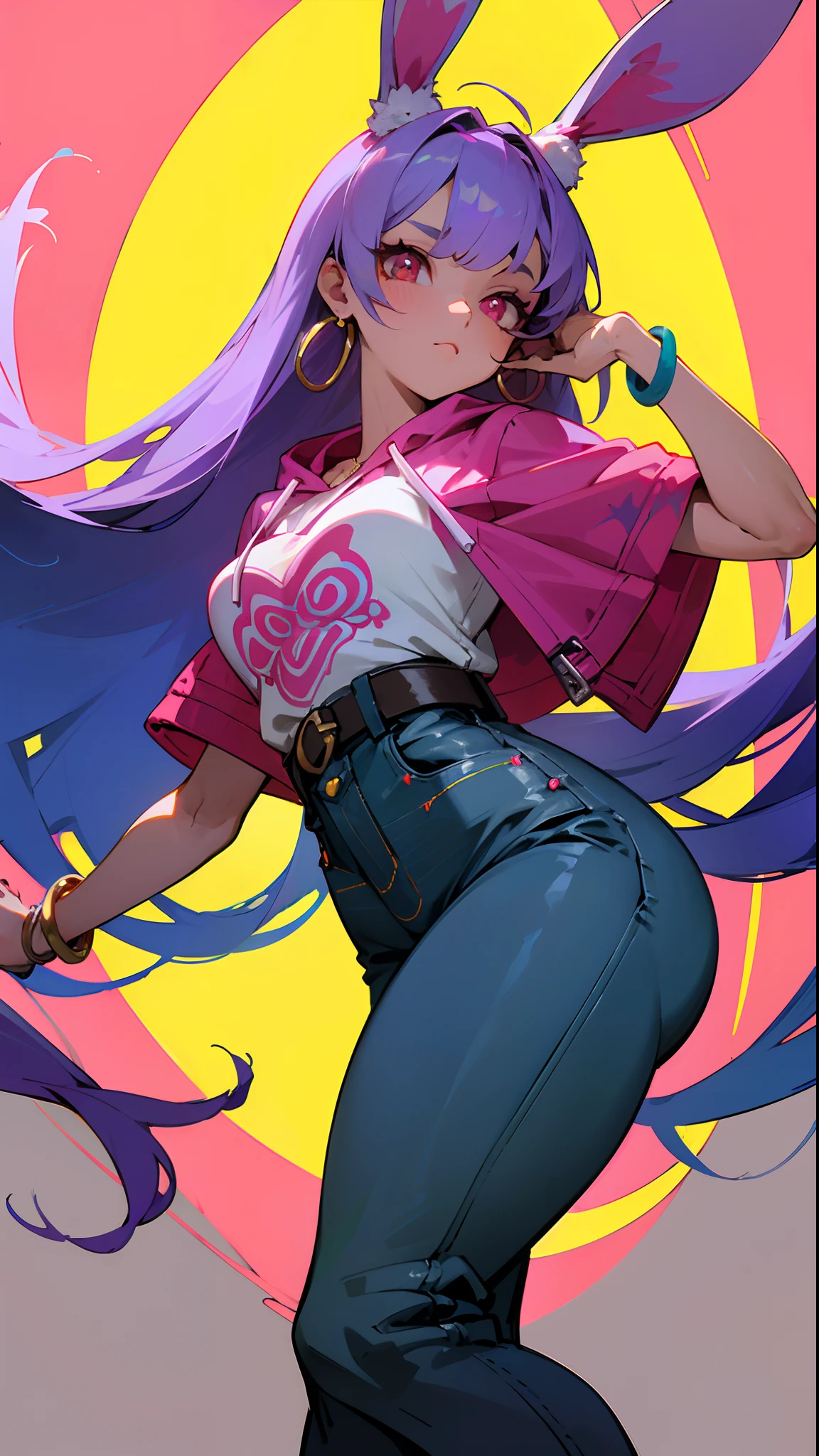 (masterpiece, best quality:1.3),beautiful detailed glow,best illuminate,(((best quality,textile shading,ultra detailed))),extremely detailed CG unity 8k wallpaper,Highly Detailed beautiful and aesthetic,best light,high resolution,detailed,dynamic lighting , 1Character , pastel washed out colors , cell shade , soft, muted shades ,gentle colors
She wears a loose-fitting, neon orange graphic hoodie with bold, graffiti-style designs and vibrant patterns, The hoodie features a kangaroo pocket and a drawstring hood, baggy, high-waisted jeans with intricate embroidery, bold graffiti lettering, and colorful patches , The jeans are cinched at the waist with a thick, patterned belt, classic high-top sneakers in an eye-catching shade of neon green, with thick soles , chunky gold chain necklaces, oversized hoop earrings, and multiple bracelets in vibrant hues,
Kawaii , pretty girl , ((has white bunny ears:1)), very pale skin, pink blush , extremely long hair , purple hair , short , long eyelashes, red eyes , age 22