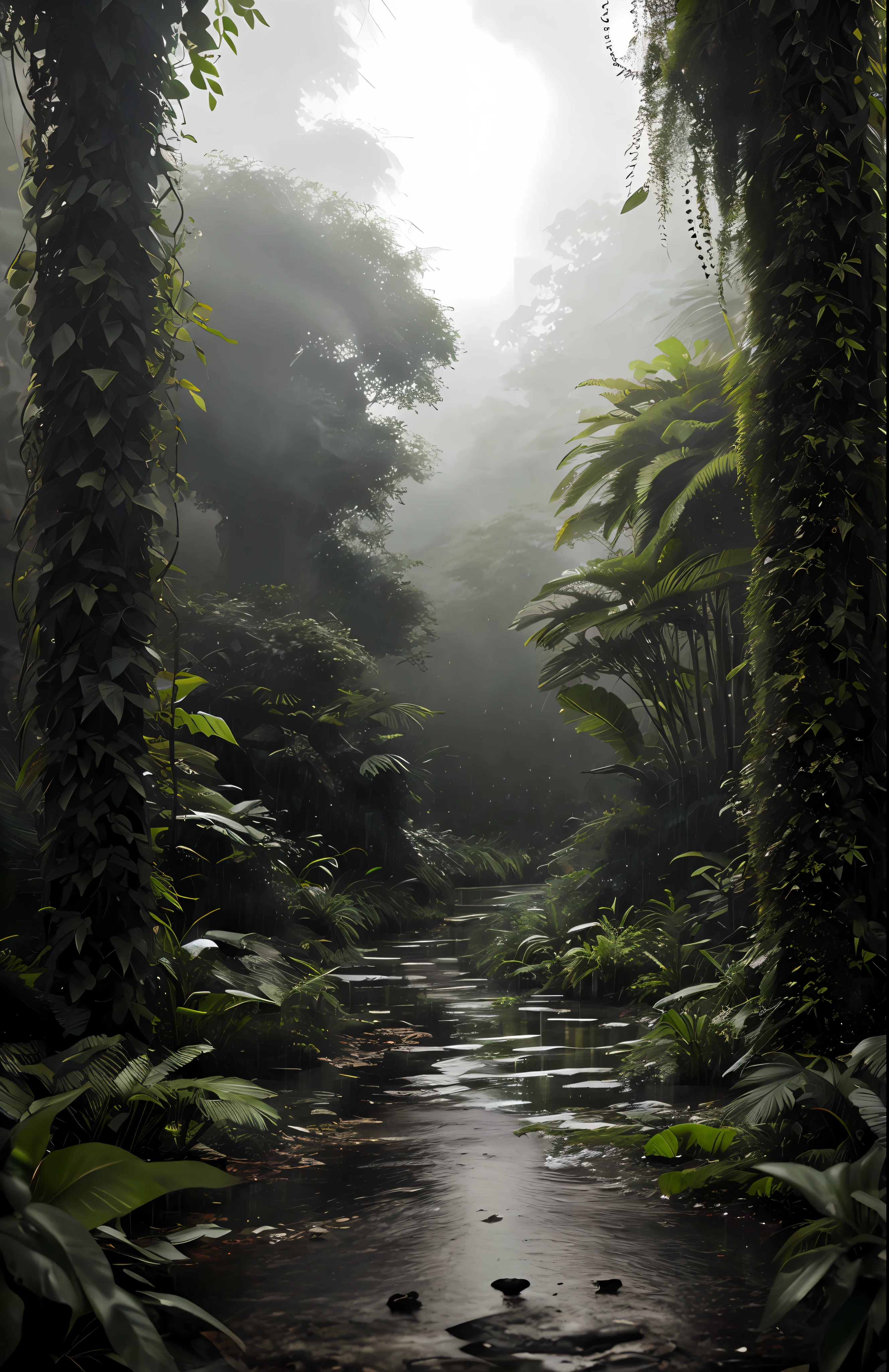 A jungle, with intense rainfall, monochromatic, vines all around, giant and wet trees, masterpiece, best quality, high quality, extremely detailed CG unity 8k wallpaper, oil paiting, award winning photography, Bokeh, Depth of Field, HDR, bloom, Chromatic Aberration ,Photorealistic,extremely detailed, trending on artstation, trending on CGsociety, Intricate, High Detail, dramatic, art by midjourney, volumetric lighting