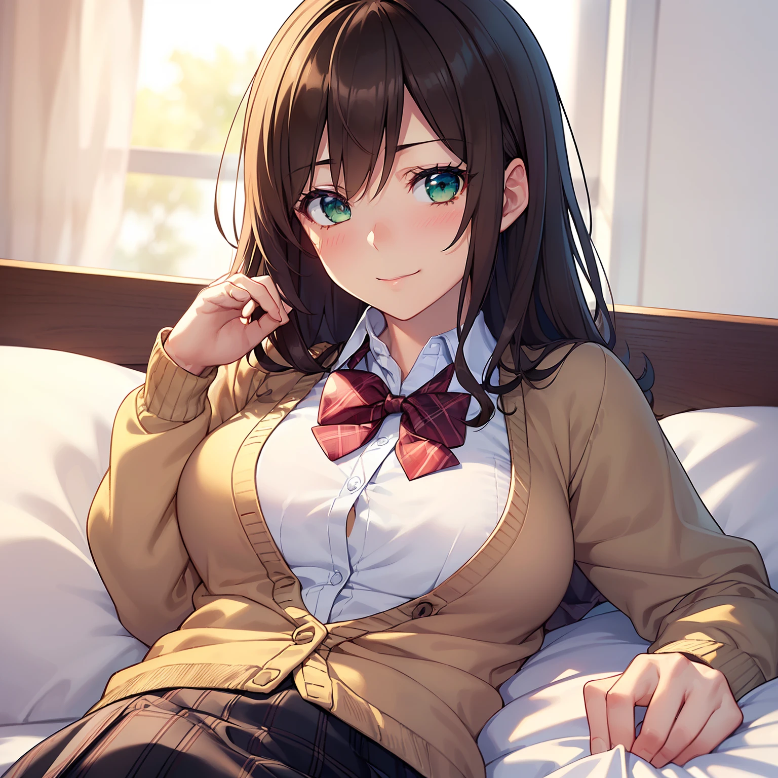 (8k、Best image quality、highest quality、masterpiece)、Detailed face、One girl、Black Hair、twintails、Light blue eyes、evil smile、((Grin))、Small breasts、((White collared shirt))、((brown cardigan))、((Black pleated skirt))、((down blouse))、Cowboy Shot、((bent over))、Bedroom Background