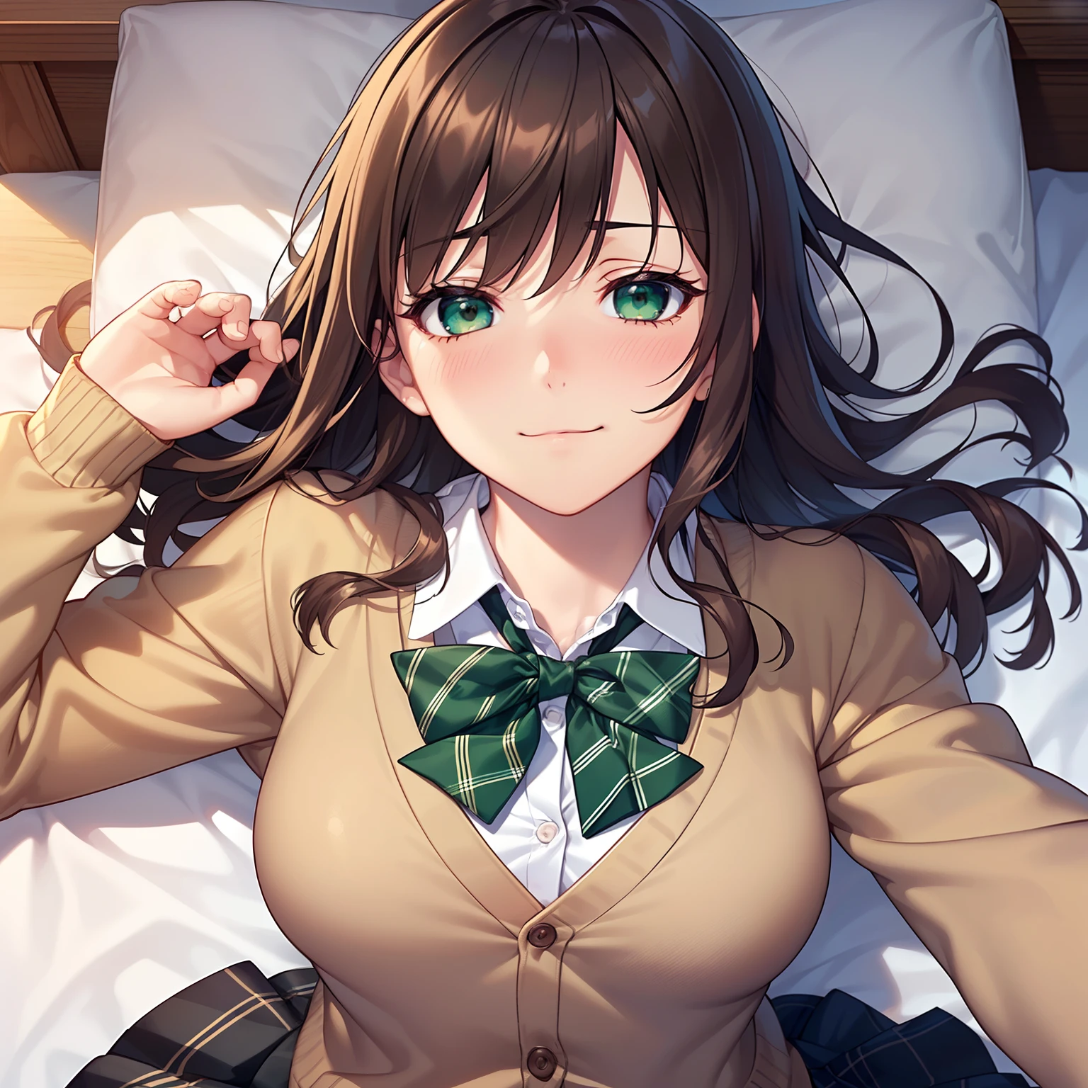 ((masutepiece, Best Quality, hight resolution, nffsw, Perfect Pixel, depth of fields, 4K, nffsw, nffsw))), 1girl in, Single, Solo, Beautiful anime girl, Beautiful Art Style, Anime Character, ((Long hair, Bangs, Brown hair, Curly hair:0.8)), ((Green eyes:1.4, rounded eyes, Beautiful eyelashes, Realistic eyes)), ((Detailed face, Blushing:1.2)), ((Smooth texture:0.75, Realistic texture:0.65, Photorealistic:1.1, Anime CG style)), medium breasts, Dynamic Angle, Perfect body, ((POV, Sleeping Pose, Supine Pose, lyin in bed, The look of sighs)), ((red bowtie, School uniform, White shirt, Brown cardigan, Long sleeve, Black skirt, plaid skirts)), Smile, Indoor, Bedroom, Natural light, Sunshine