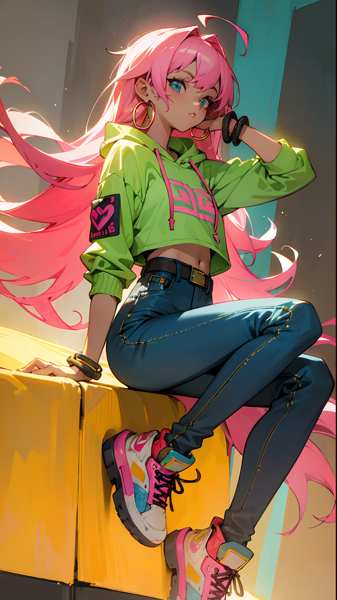 (masterpiece, best quality:1.3),beautiful detailed glow,best illuminate,(((best quality,textile shading,ultra detailed))),extremely detailed CG unity 8k wallpaper,Highly Detailed beautiful and aesthetic,best light,high resolution,detailed,dynamic lighting , 1Character ,  pastel washed out colors , cell shade , soft, muted shades ,gentle colors 


She wears a loose-fitting, neon orange graphic hoodie with bold, graffiti-style designs and vibrant patterns, The hoodie features a kangaroo pocket and a drawstring hood, baggy, high-waisted jeans with intricate embroidery, bold graffiti lettering, and colorful patches , The jeans are cinched at the waist with a thick, patterned belt, classic high-top sneakers in an eye-catching shade of neon green, with thick soles , chunky gold chain necklaces, oversized hoop earrings, and multiple bracelets in vibrant hues,


Cute girl , pink hair , long hair , blue eyes , small chest , age 21,