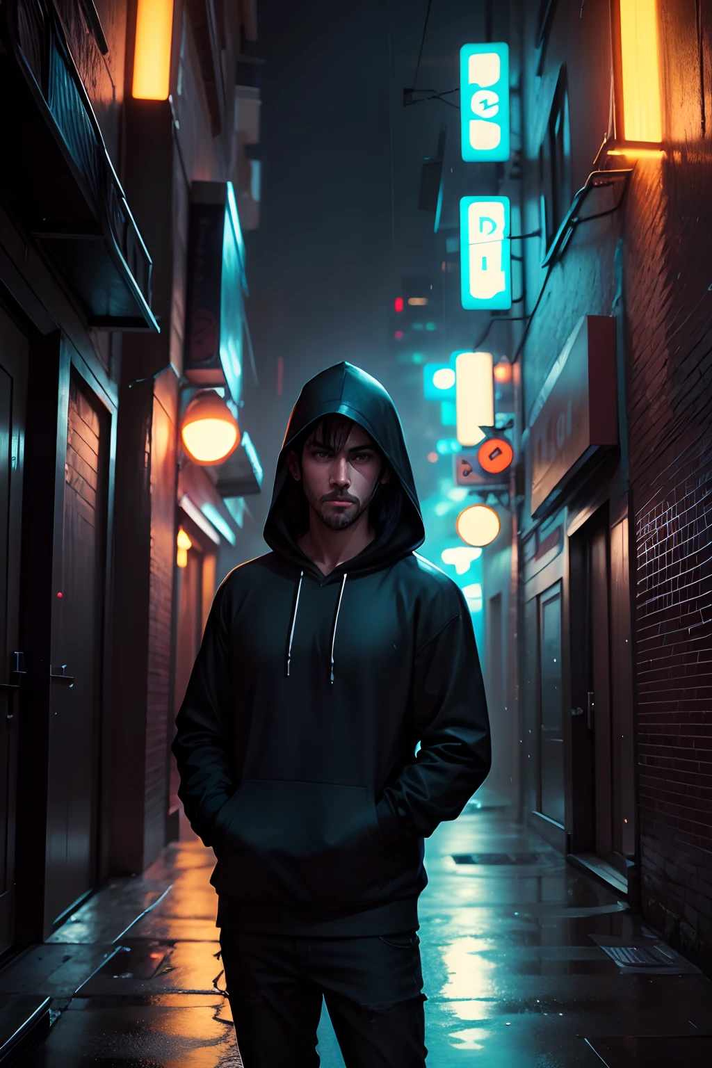 Portrait of a sad handsome guy in a hoodie in a city alley at night, raining night, Foggy Night Lights, dramatic lights, neon lights, Hardwine Aesthetics, Cold Lights, Dark cyberpunk aesthetic, Extraordinarily beautiful woman.