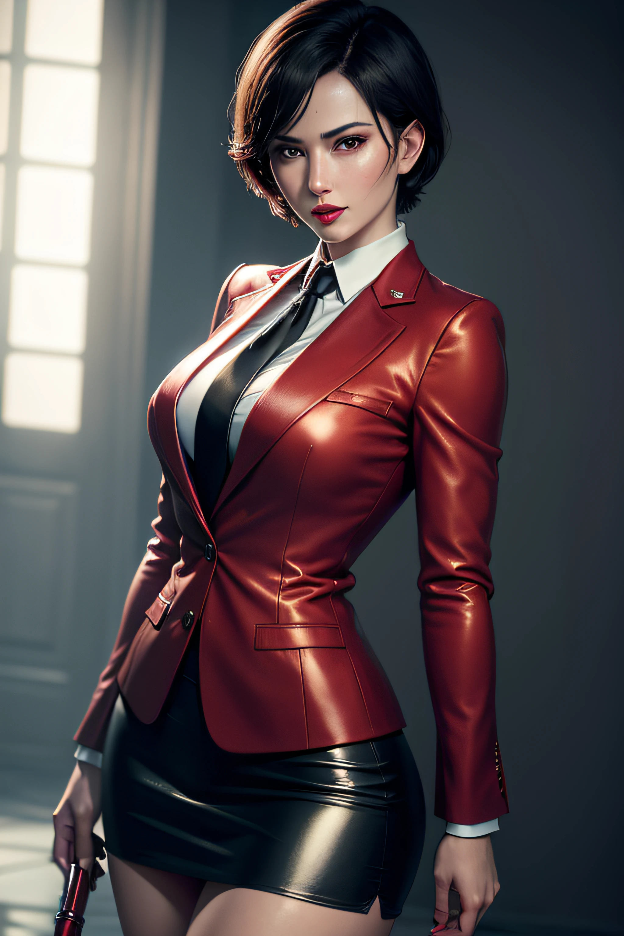 (absurdres, highres, ultra detailed), masterpiece, ada wong (resident evil), ((solo)), short hair, 1girl, skirt suit, business suit, three-piece suit, black pinstripe suit, waistcoat, red shirt, red necktie, bodycon skirt, miniskirt, closed mouth, standing, (((detailed lips))), ((realistic skin)), glowing skin, ((glossy red lips)), portrait, beautiful, smile, normal skin