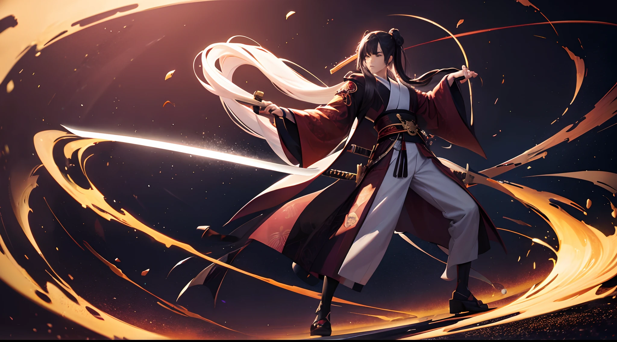 man with long hair and kimono, with a sword in her hand, epic pose, full body image, black holes around him, high res, 8k, masterpiece