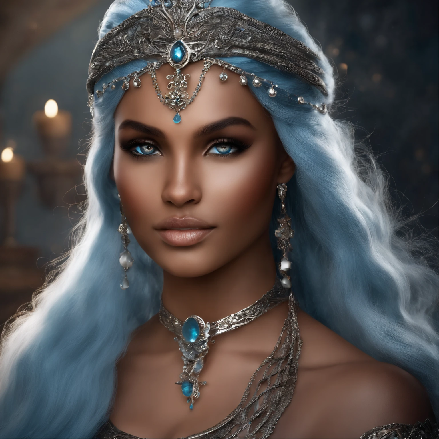create a mermaid woman character, with Brown skin , blue hair With small braids and gray eyes, the character must have ice magic and an arrogant expression on her face, The image must have dark tones and the character must look like something from a fantasy book, The character reminds Jude of the cruel prince