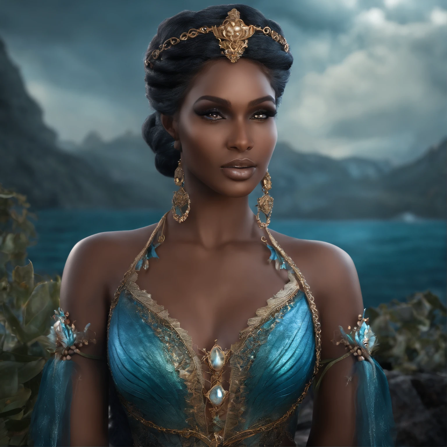 create a mermaid woman character, with Brown skin , blue hair With small braids and gray eyes, the character must have ice magic and an arrogant expression on her face, The image must have dark tones and the character must look like something from a fantasy book, The character reminds Jude of the cruel prince