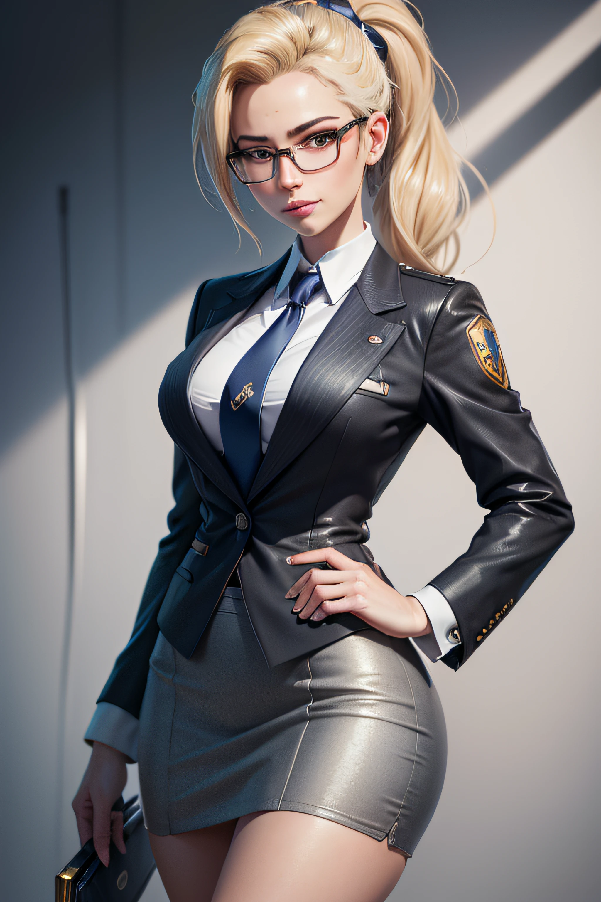 score_9, score_8_up, score_7_up, photo, realistic, Film still, cinematic, source_real, asian girl, pale skin, cowboy shot, naked, blonde hair, blue eyes, small breasts, slim body, wavy hair, breasts out, blue-frammed glasses, white pearl necklace, blue leather jacket, black gloves, black leather thigh boots, expressionless, standing still, pubic hair