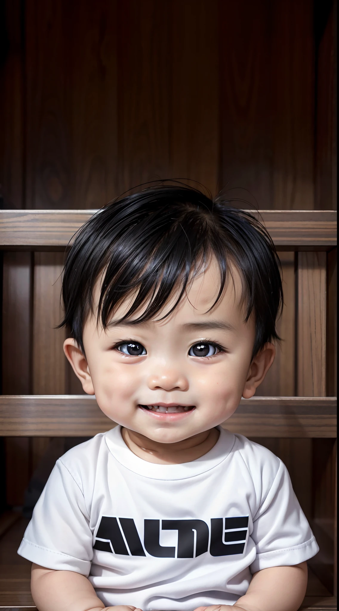 Ultra high quality, ultra high definition, ultra sharpness, 8K, a very cute asian boy, 1 yearone, wearing a children's clothes, portrait, ultra detailed eyes, ((black eyes)), ultra detailed irises, completely identical irises, cheerful smile