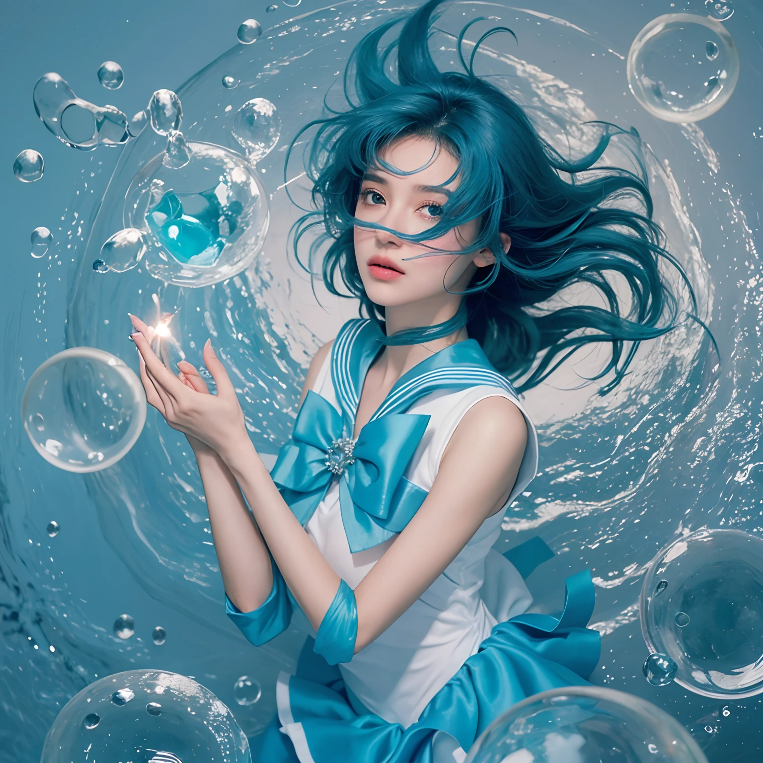 Close-up de uma mulher em um vestido a sailor white and blue dress, Hiperrealista. Realistic art station, cena da garota cercada por bolhas, arte de fantasia detalhada, arte de personagem impressionante, epic exquisite character art, Belo vestido de sailor, extremamente detalhado, , Cocar e Joias, captura de corpo inteiro. Ela tem grandes olhos azul-turquesa, rosto delicado, Cabelos Azuis Claros curtos. messy hair, franjas. She is one of the sailors in the Sailor Moon universe. Linda garota japonesa. Cabelo soprando no ar. Ela tem uma aura brilhante poderosa.