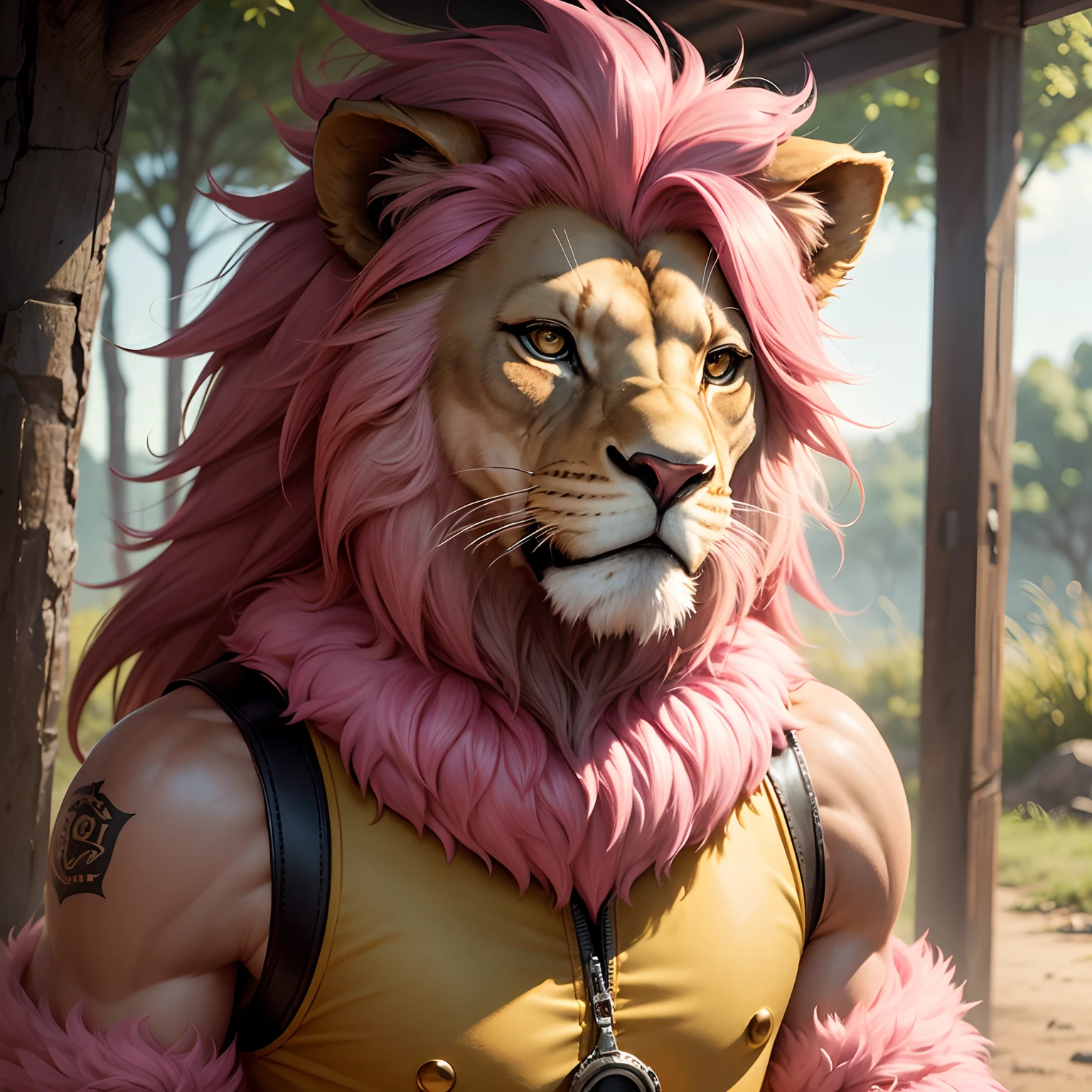 A anthropomorphic boy lion with a pink fur, in a wild environment