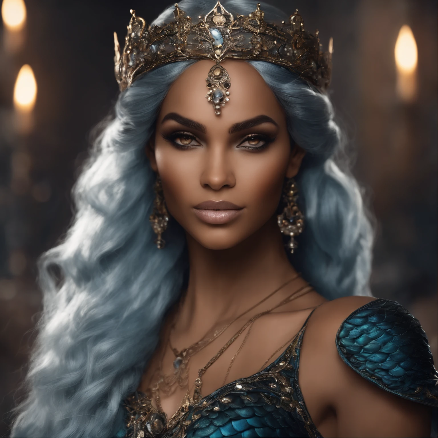create a mermaid woman character, with Brown skin , blue hair With small braids and gray eyes, the character must have ice magic and an arrogant expression on her face, The image must have dark tones and the character must look like something from a fantasy book, The character reminds Jude of the cruel prince